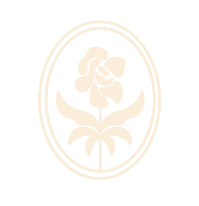 A stylized white flower inside concentric oval borders on a black background.