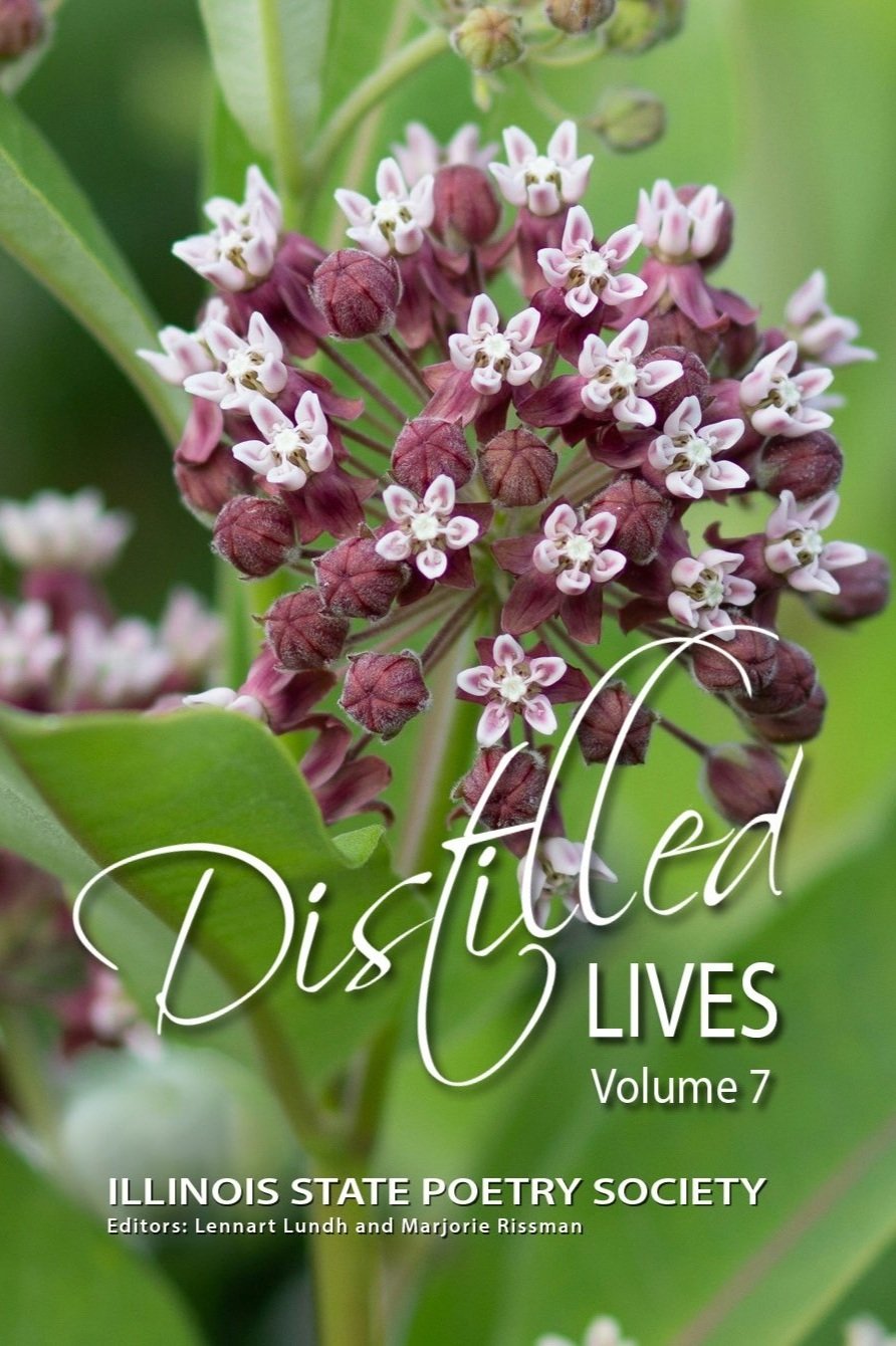 Cover of a poetry book titled 'Distilled Lives, Volume 7' with a close-up of a cluster of pink and purple flowers and green leaves.