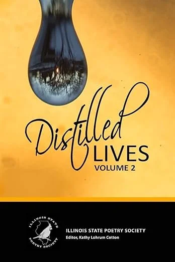 Cover of a book titled ”Distilled Lives Volume 2” with a yellow background and an inverted image of a tree reflected in a water droplet.