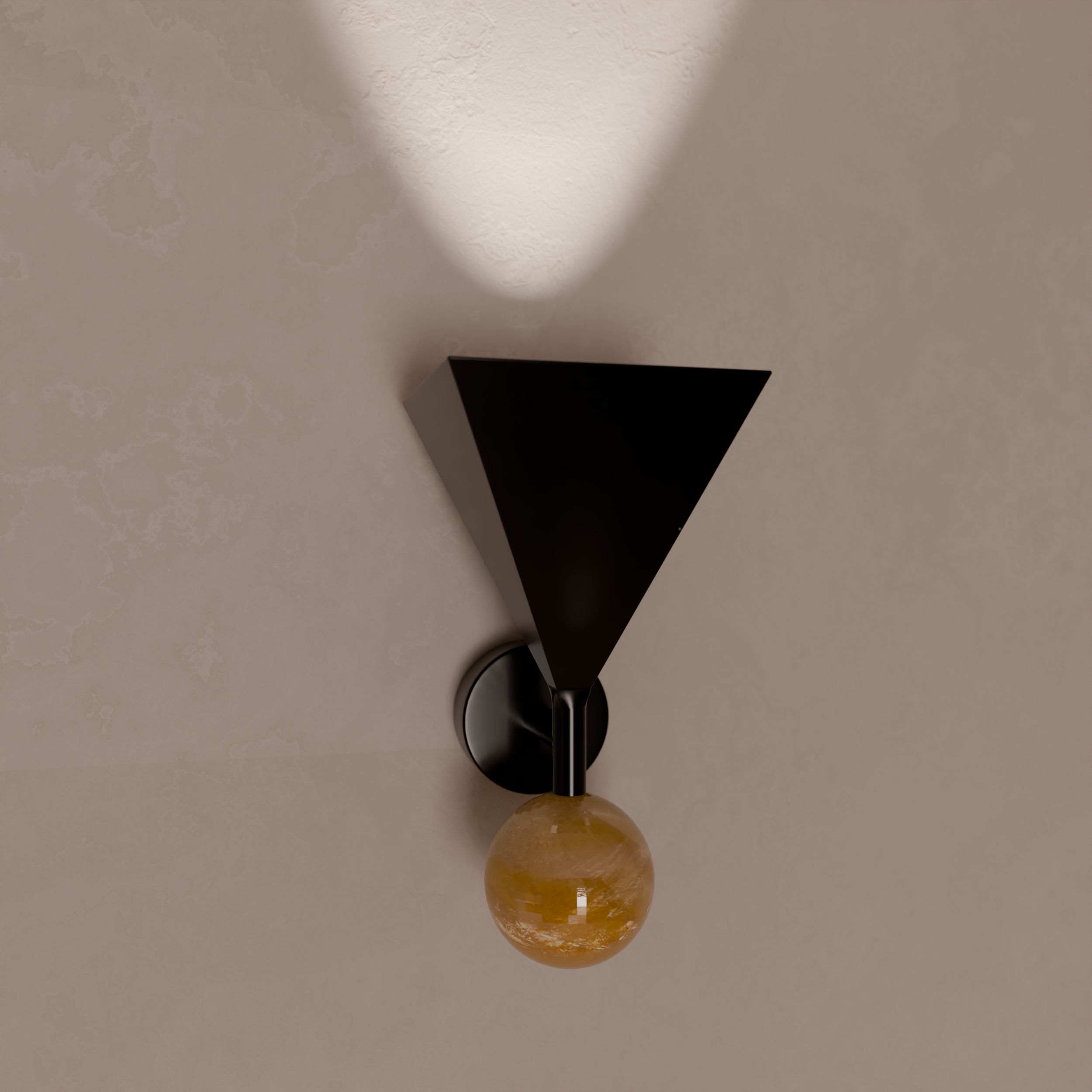 The image shows a modern, black pendant light fixture hanging from a ceiling. The ceiling is beige with a textured finish, and there are some faint water stain patterns on it. The light is turned on, casting a bright white glow.