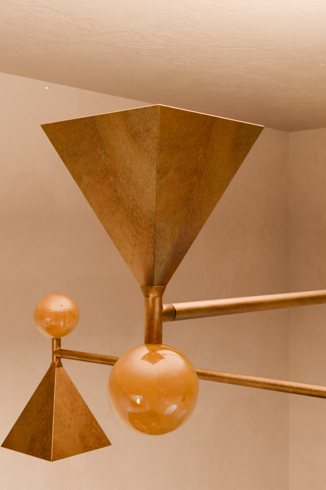 Close-up of a modern chandelier with geometric shapes, including a pyramid, a sphere, and a smaller cone, in a room with beige walls.