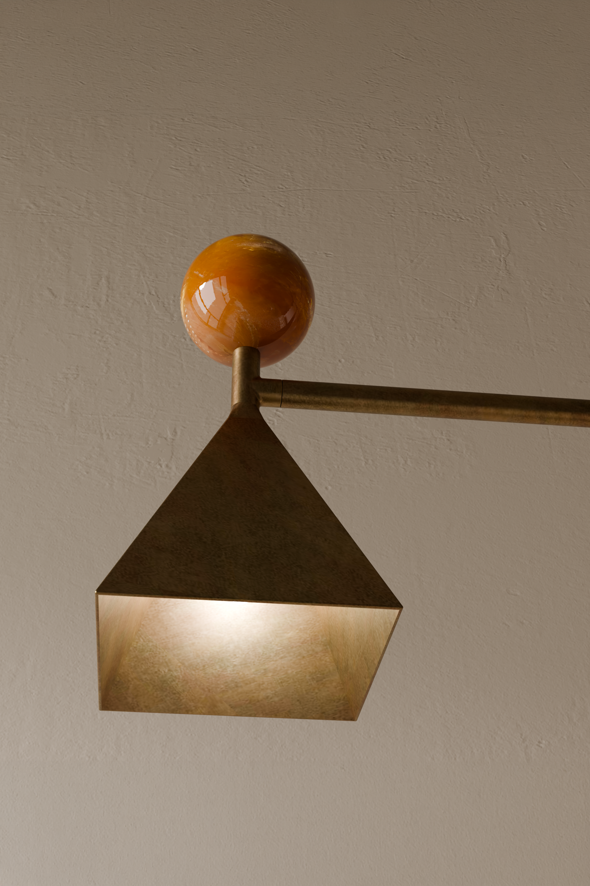 A modern ceiling light fixture with a wooden sphere on top, a metallic arm, and a square metal lampshade with a single light inside.