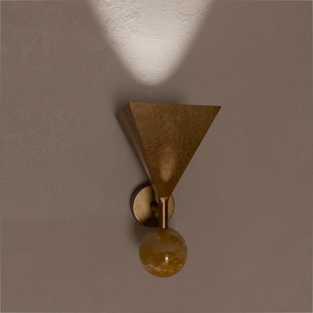 A modern ceiling light fixture with a triangular metallic element and a spherical bulb.