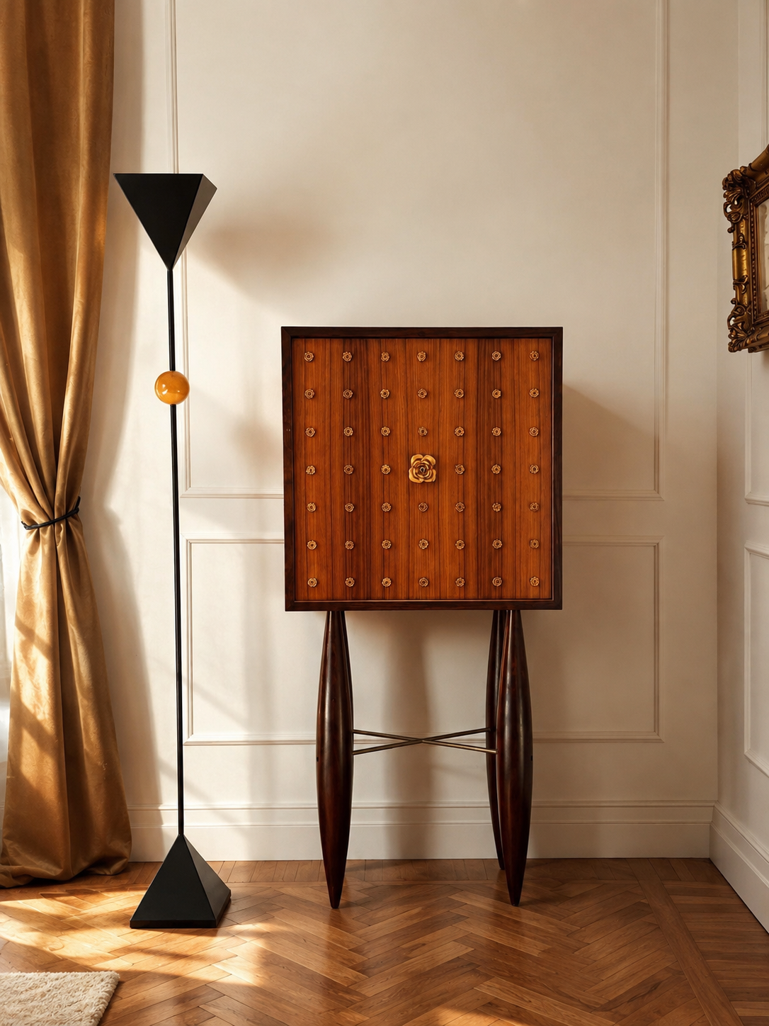 A vintage wooden cabinet with a floral handle on a stand, set against a white paneled wall, next to a tall black floor lamp with a geometric shade, and gold curtains on the left.