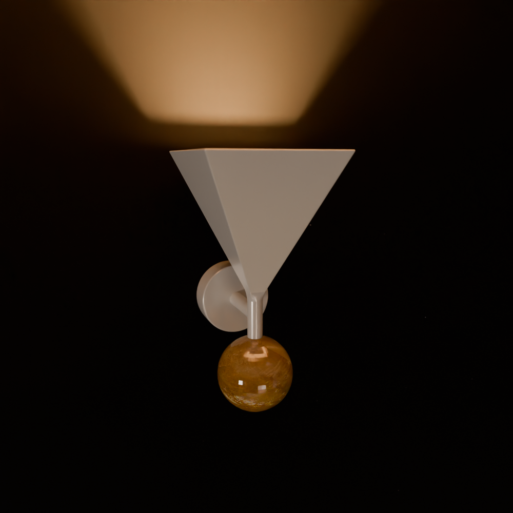 A modern, wall-mounted light fixture with a white, cone-shaped shade and a spherical wooden accent, casting a warm glow on the wall behind it.