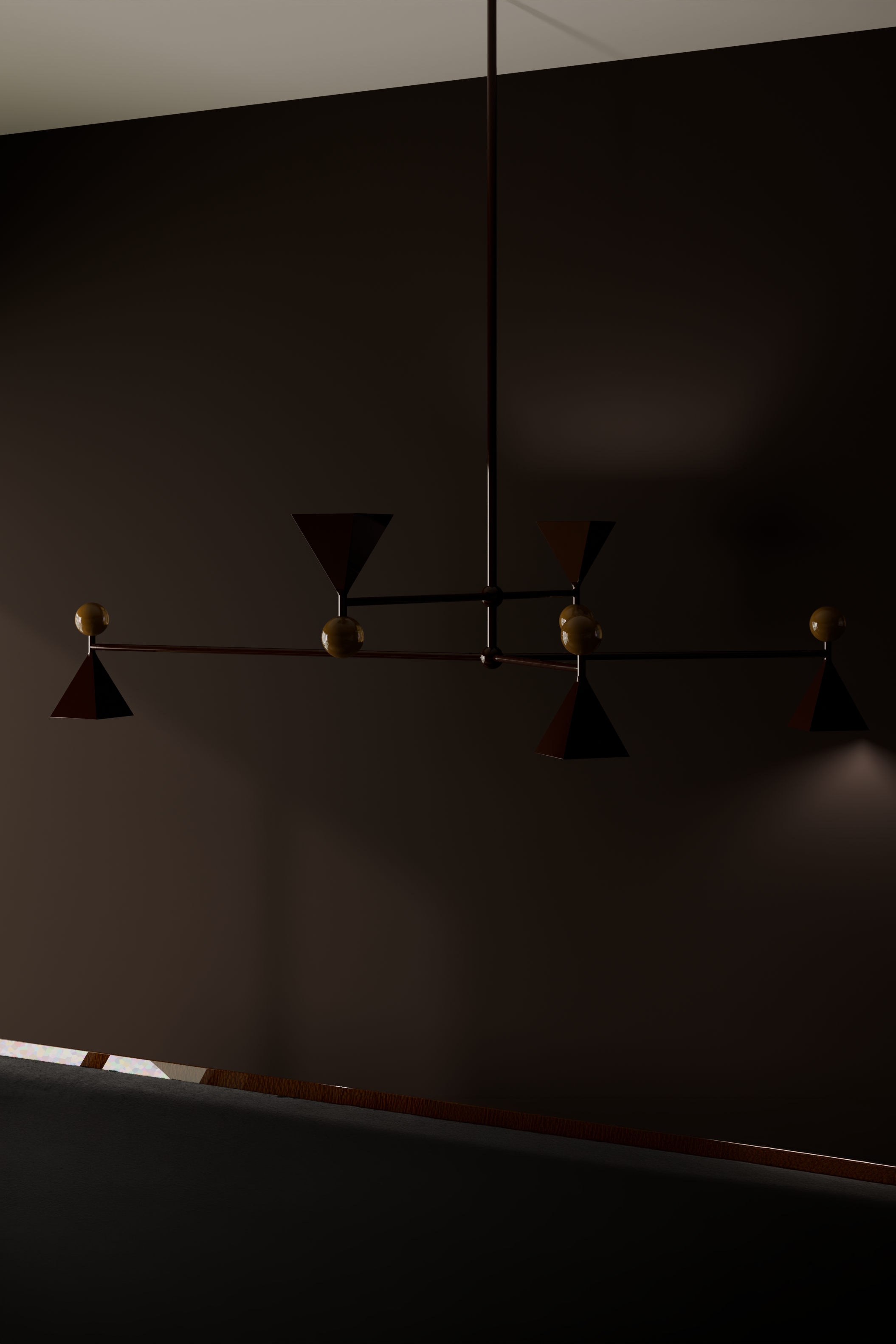 Close-up of a modern chandelier with black triangular shades and small spherical bulbs, hanging from a ceiling with a dark background.