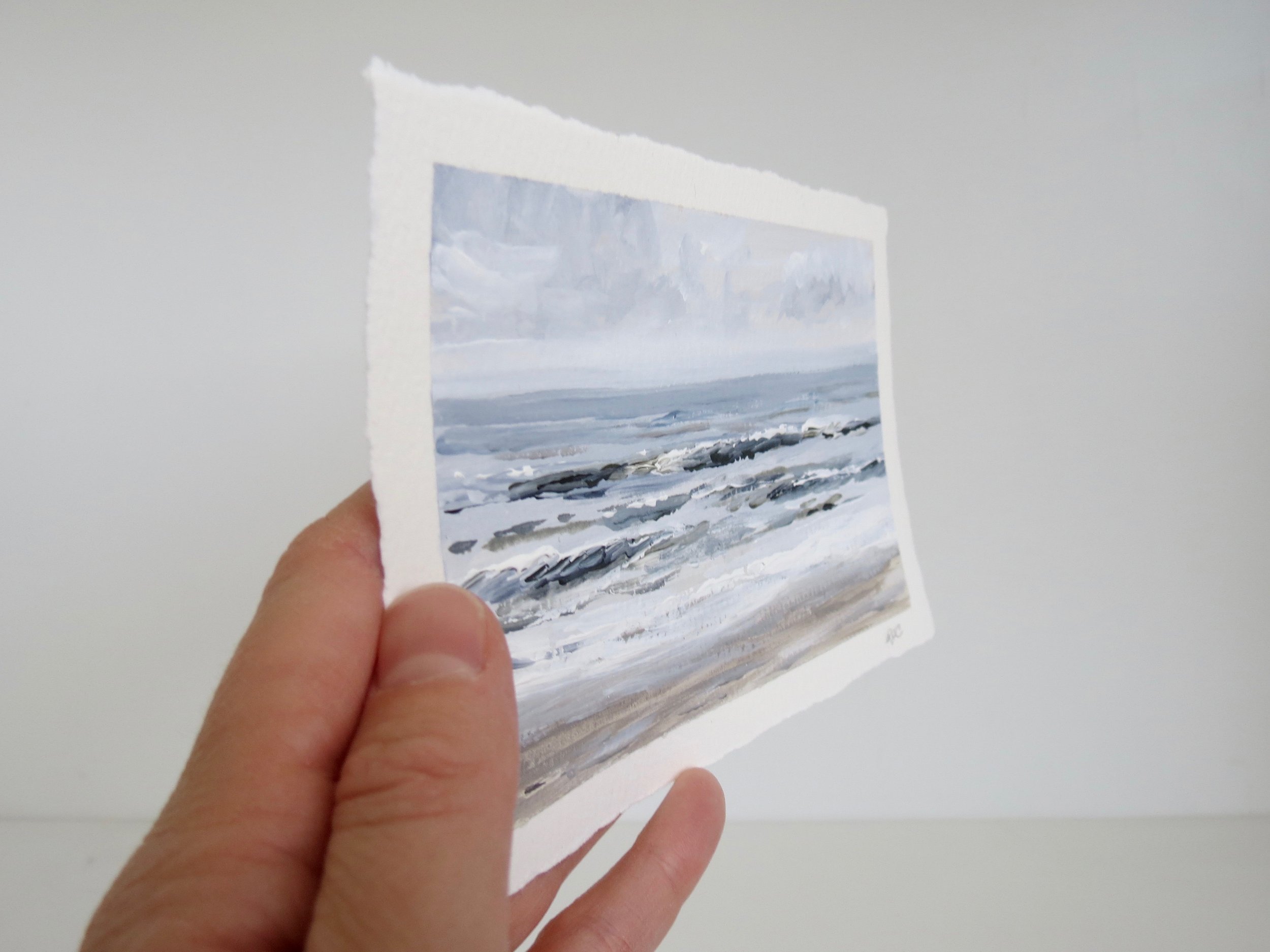Sea & Linen Coastal Seascape Beach Acrylic Painting on Deckle Edge Cotton Paper by Rachel Champa