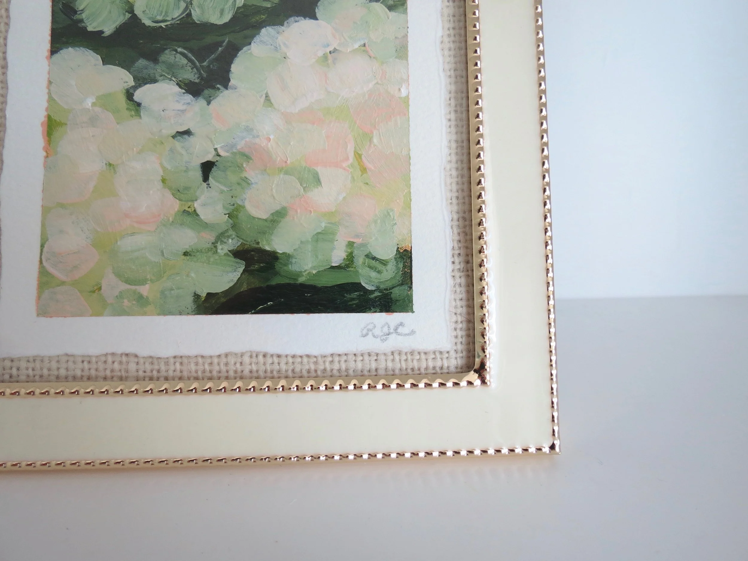 Limelight Hydrangeas, framed in cream with gold accents, layered over jute.
