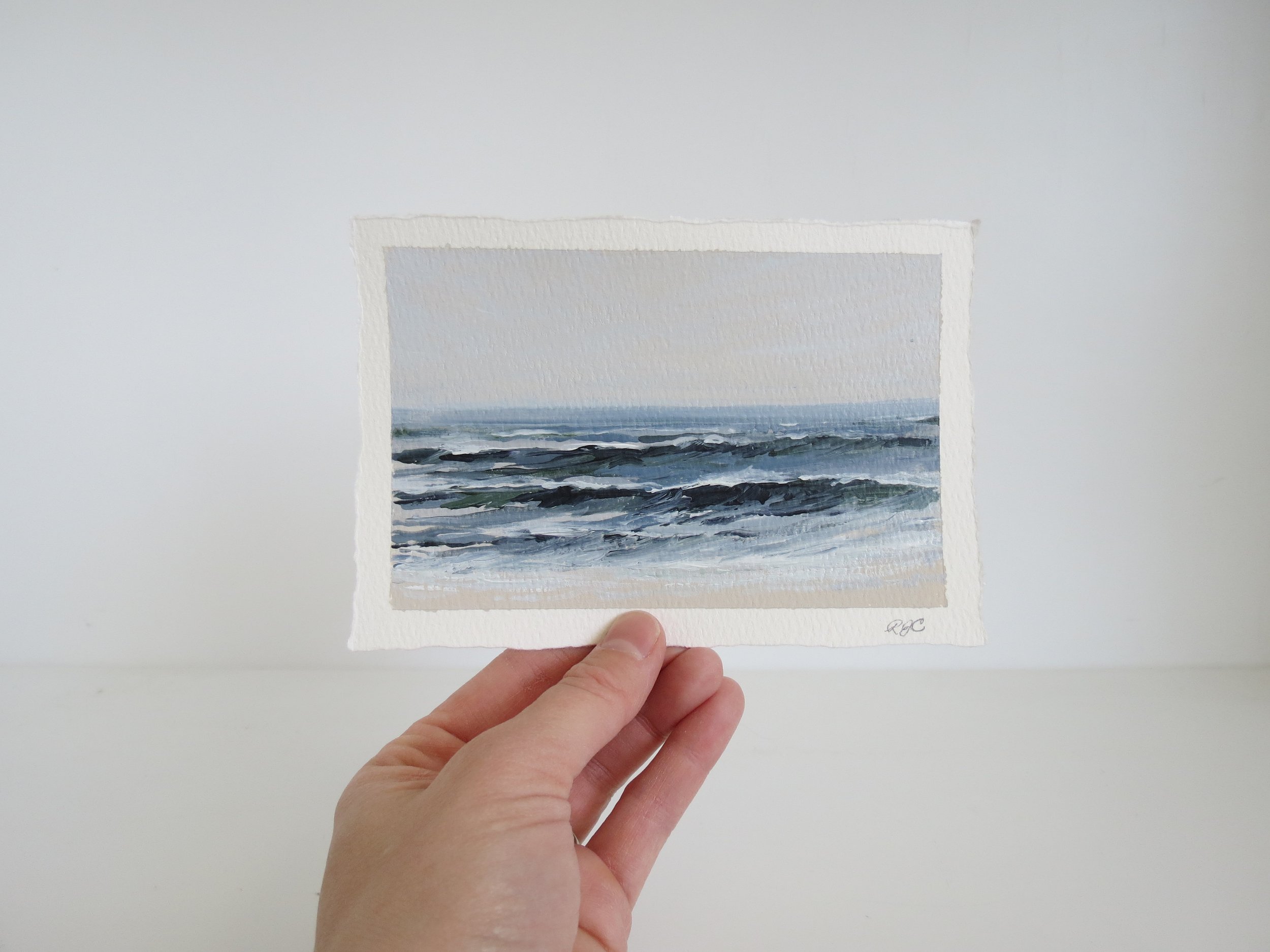 Sea & Linen Coastal Blue Beach Seascape Acrylic Painting on Deckle Edge Cotton Paper by Rachel Champa