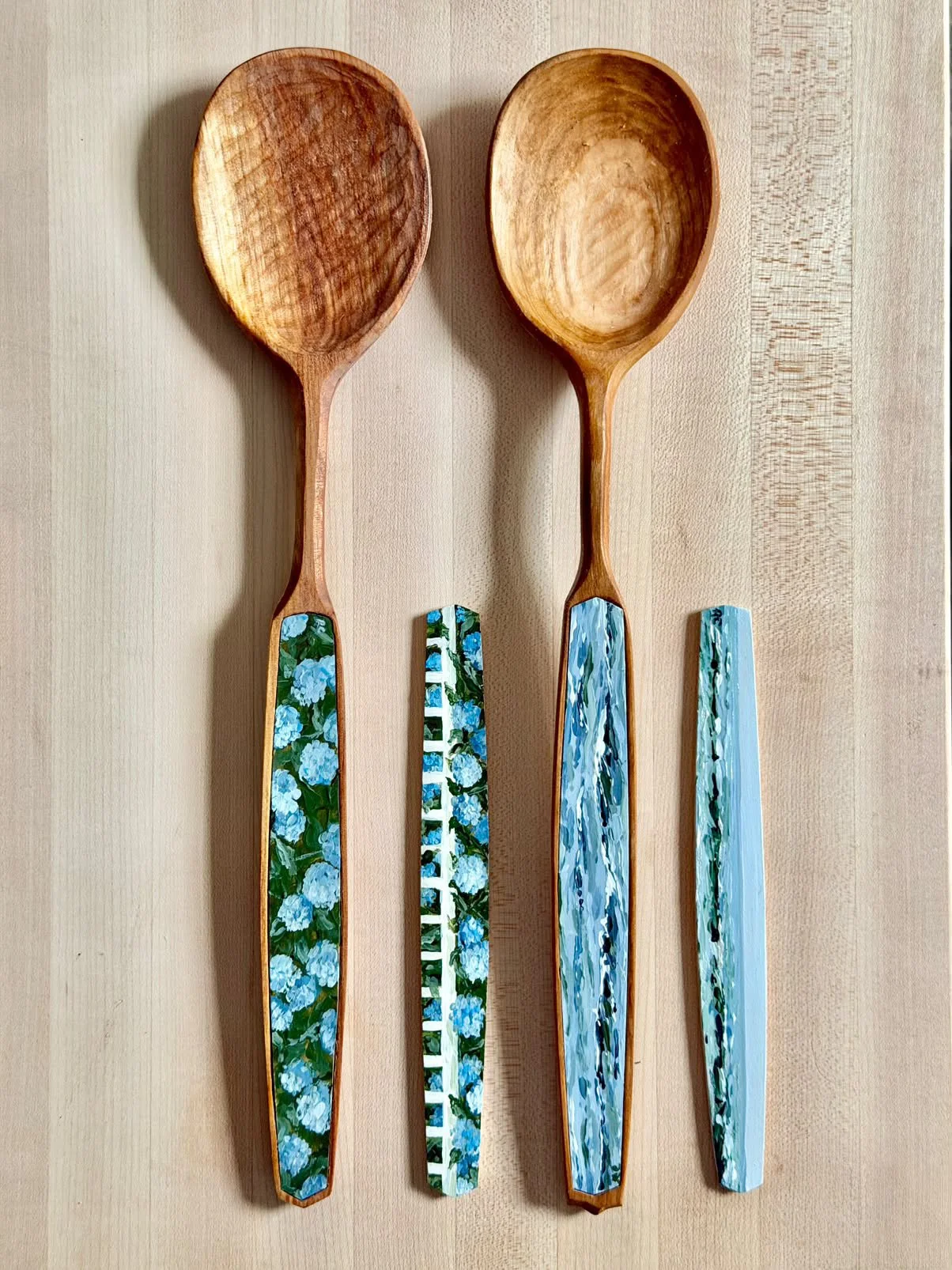 Hand painted and hand carved New England seascape and blue hydrangea spoons