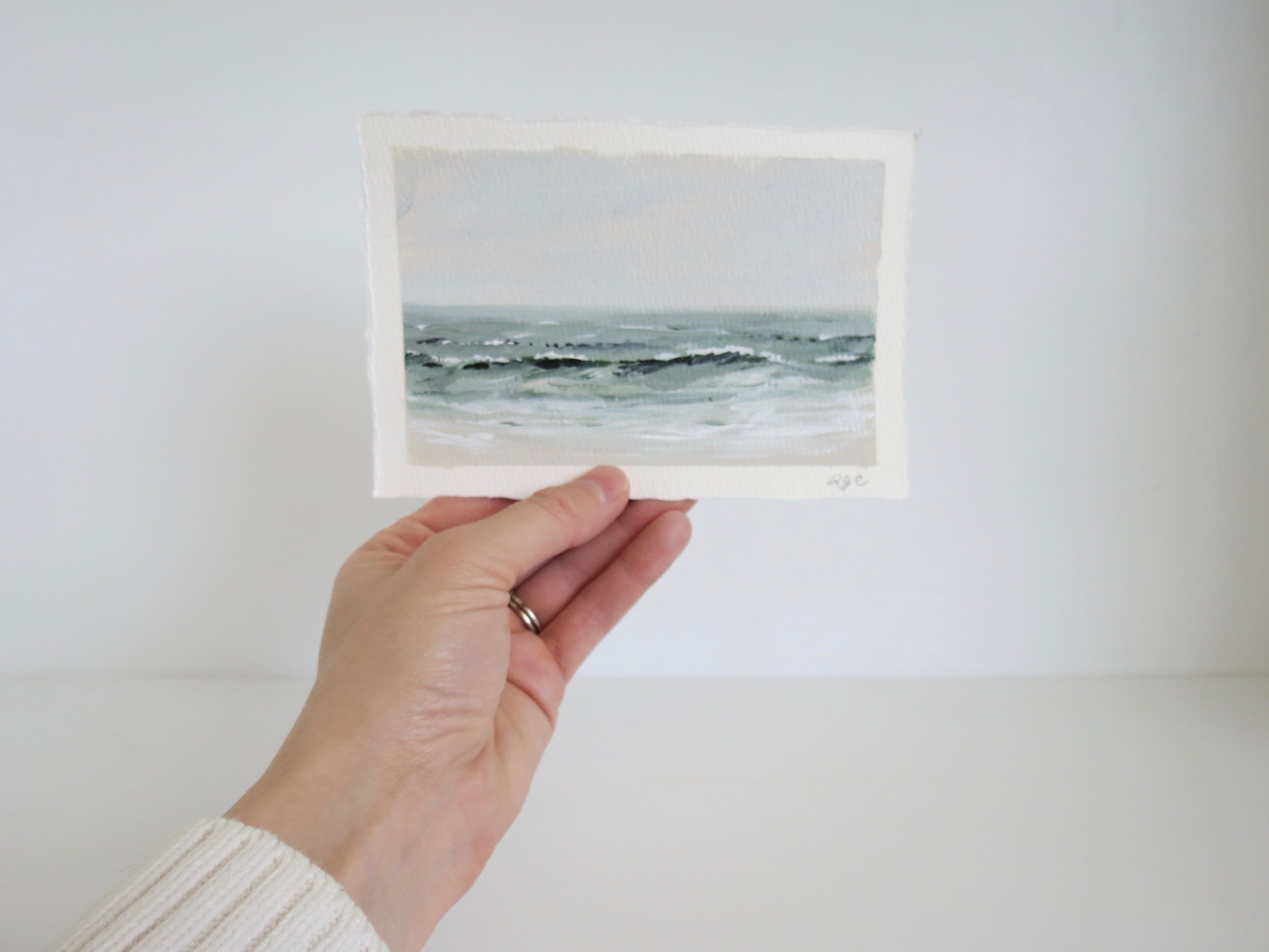 Sea & Linen Coastal Green Beach Seascape Acrylic Painting on Deckle Edge Cotton Paper by Rachel Champa