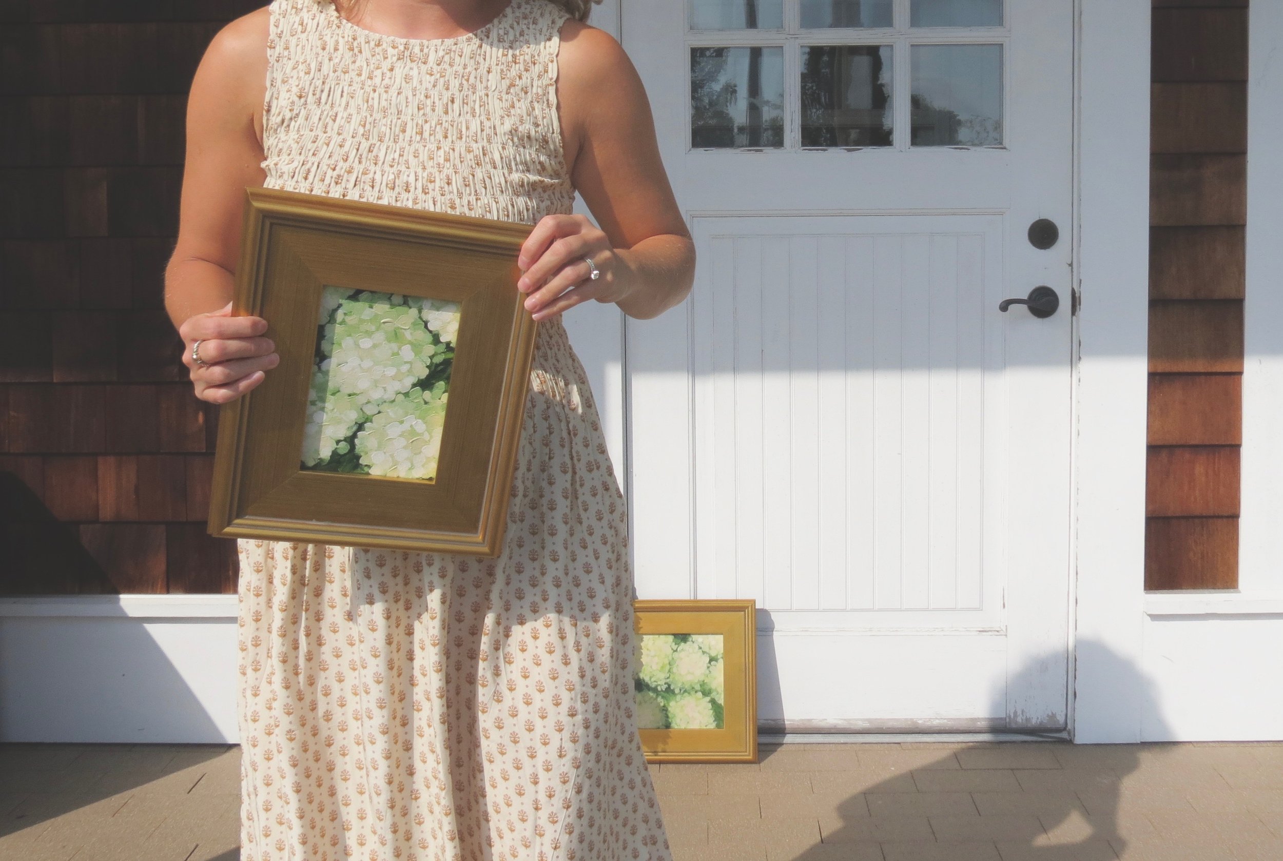 New England Artist Rachel Champa - end of summer limelight hydrangea paintings set in front of weathered cedar shakes and crisp white trim