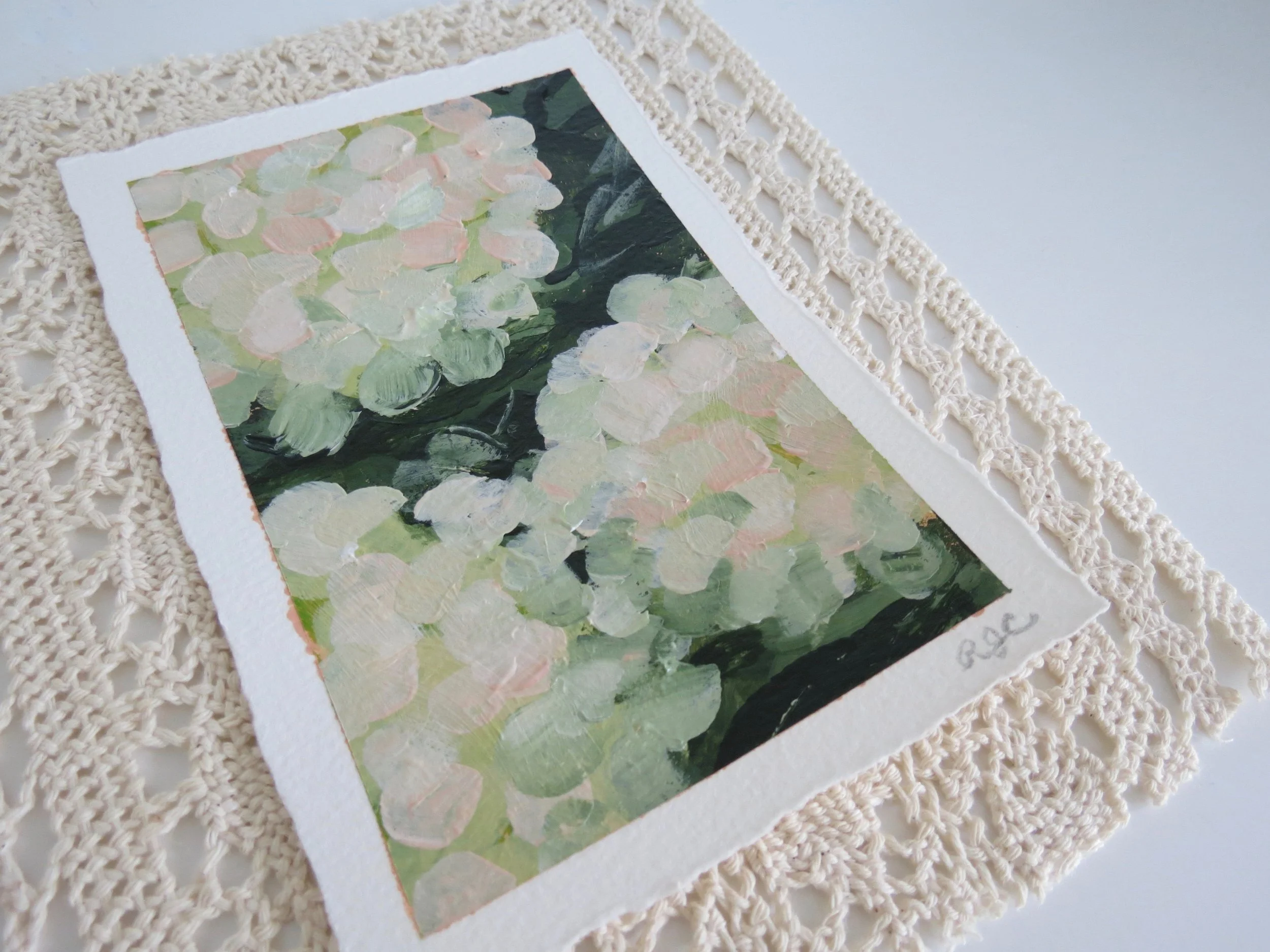 Original Limelight Hydrangea painting on deckle edge cotton paper, layered over crochet detail fabric