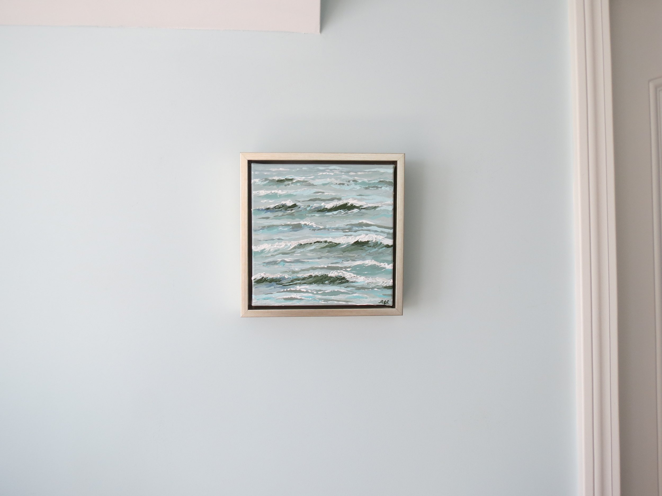 Sea & Linen "Sea Stripes" Green & Turquoise Coastal Seascape Acrylic Framed Painting on Canvas by Rachel Champa