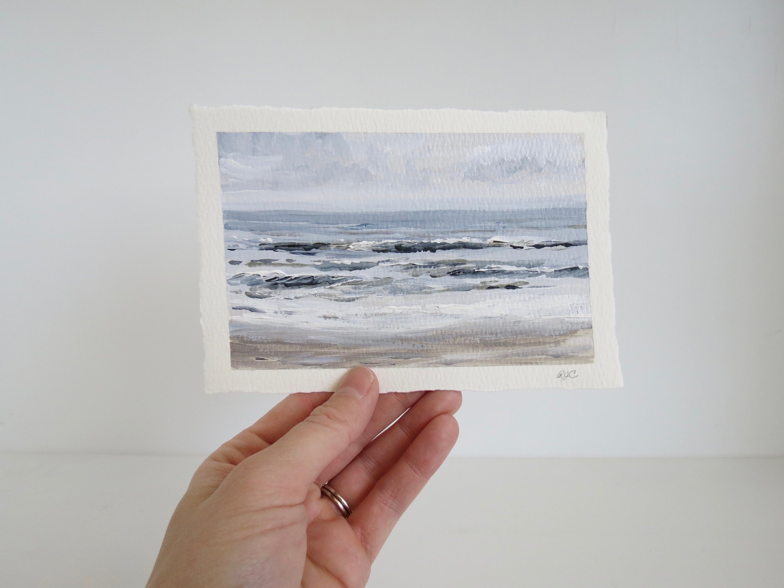Sea & Linen Coastal Seascape Beach Acrylic Painting on Deckle Edge Cotton Paper by Rachel Champa