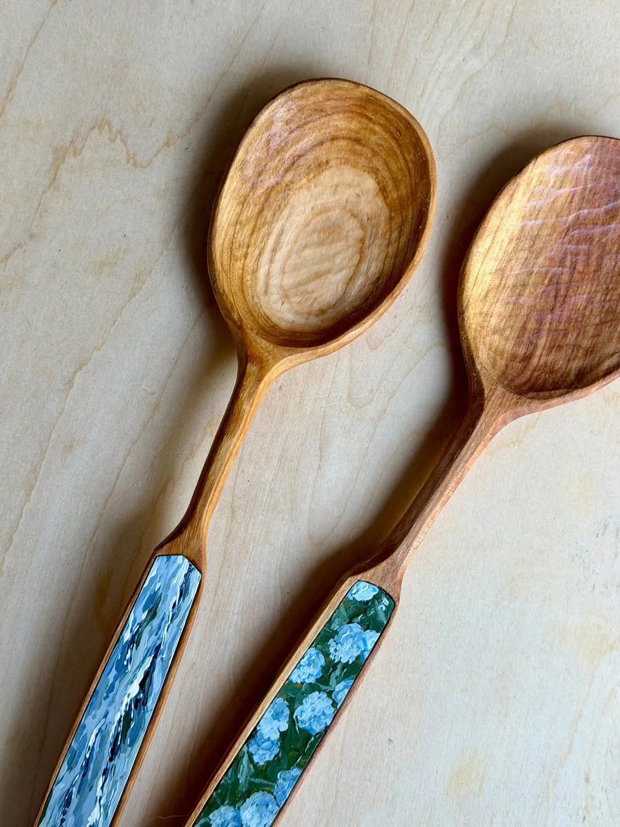 Hand painted and hand carved New England seascape and blue hydrangea spoons