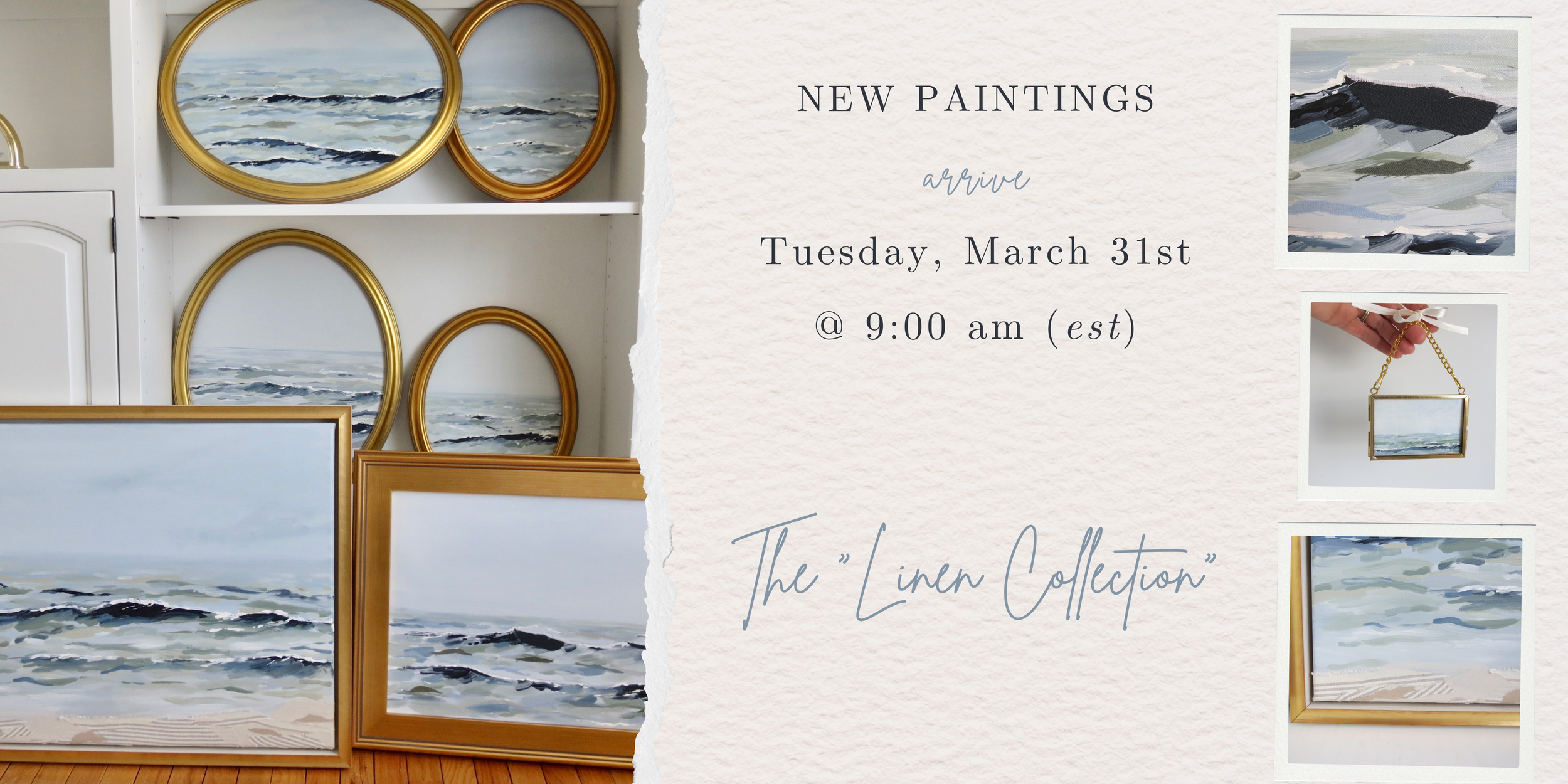 The Linen Collection of original paintings combining sea with natural linen embellishments