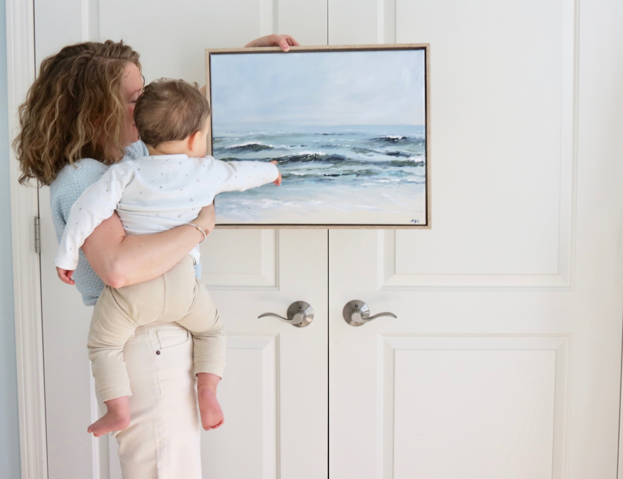 Sea & Linen "Sand & Sea" Coastal Seascape Acrylic Painting on Canvas by Rachel Champa Nap-Time Painter and Mother