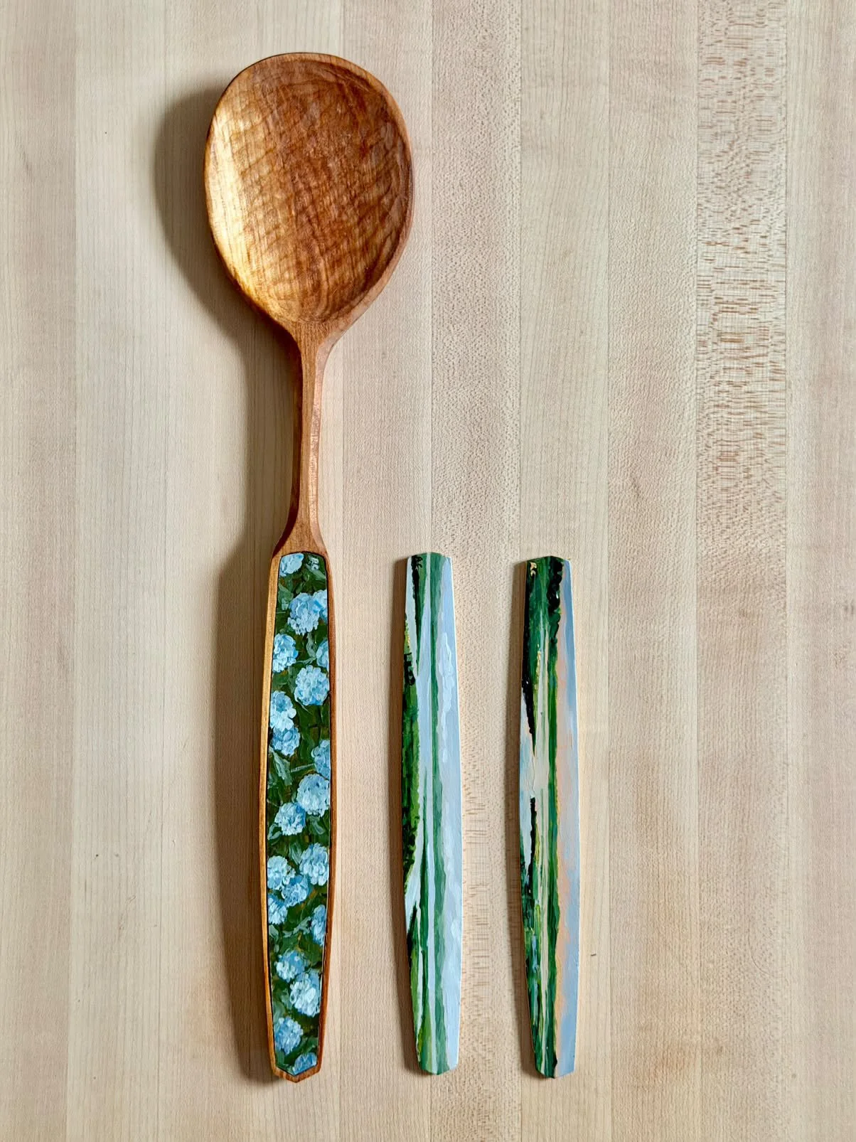 Hand painted and hand carved New England blue hydrangea and marsh spoons