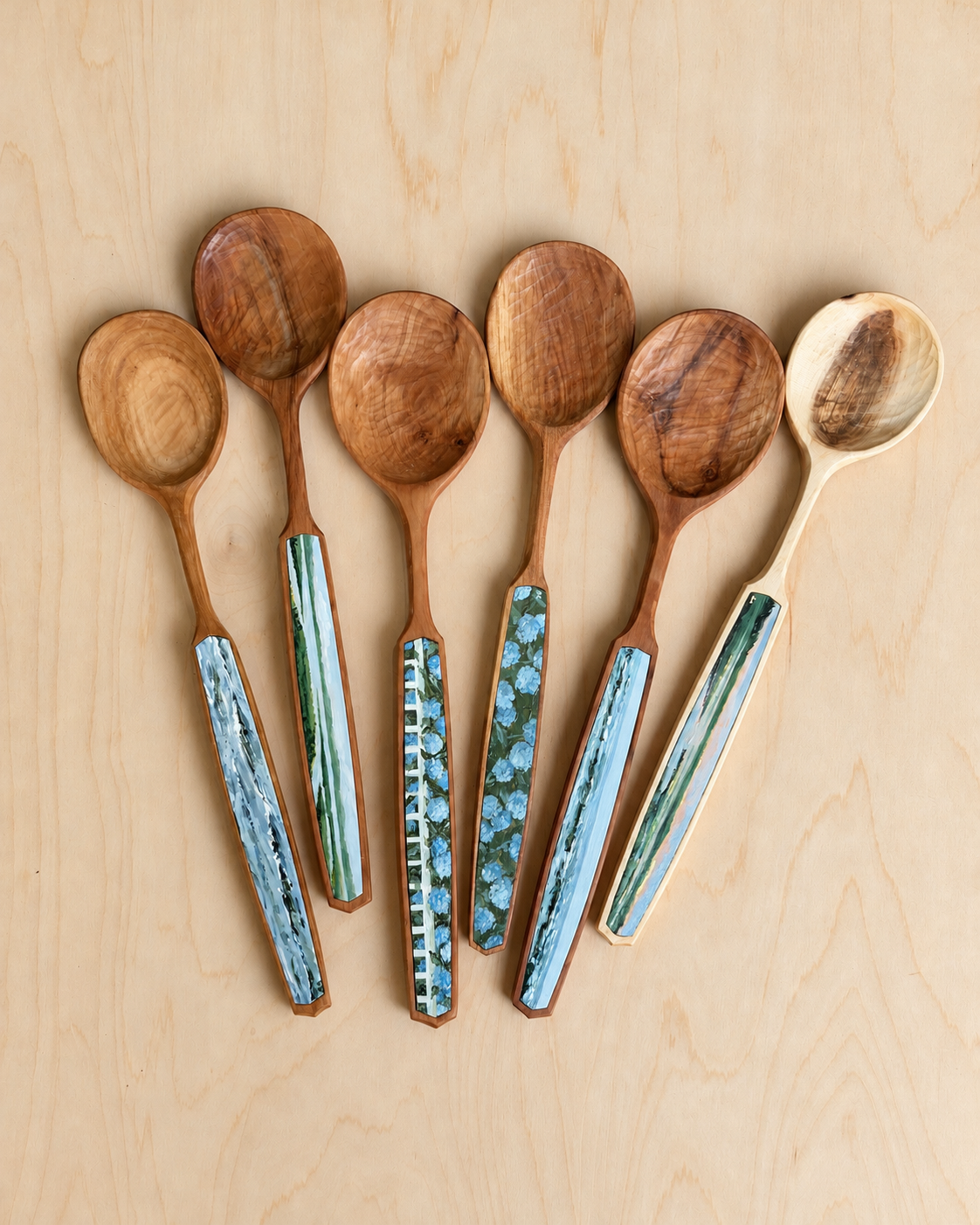 Six hand-painted New England-inspired paintings on hand-made wooden spoons from fallen New England trees - coastal inspired paintings