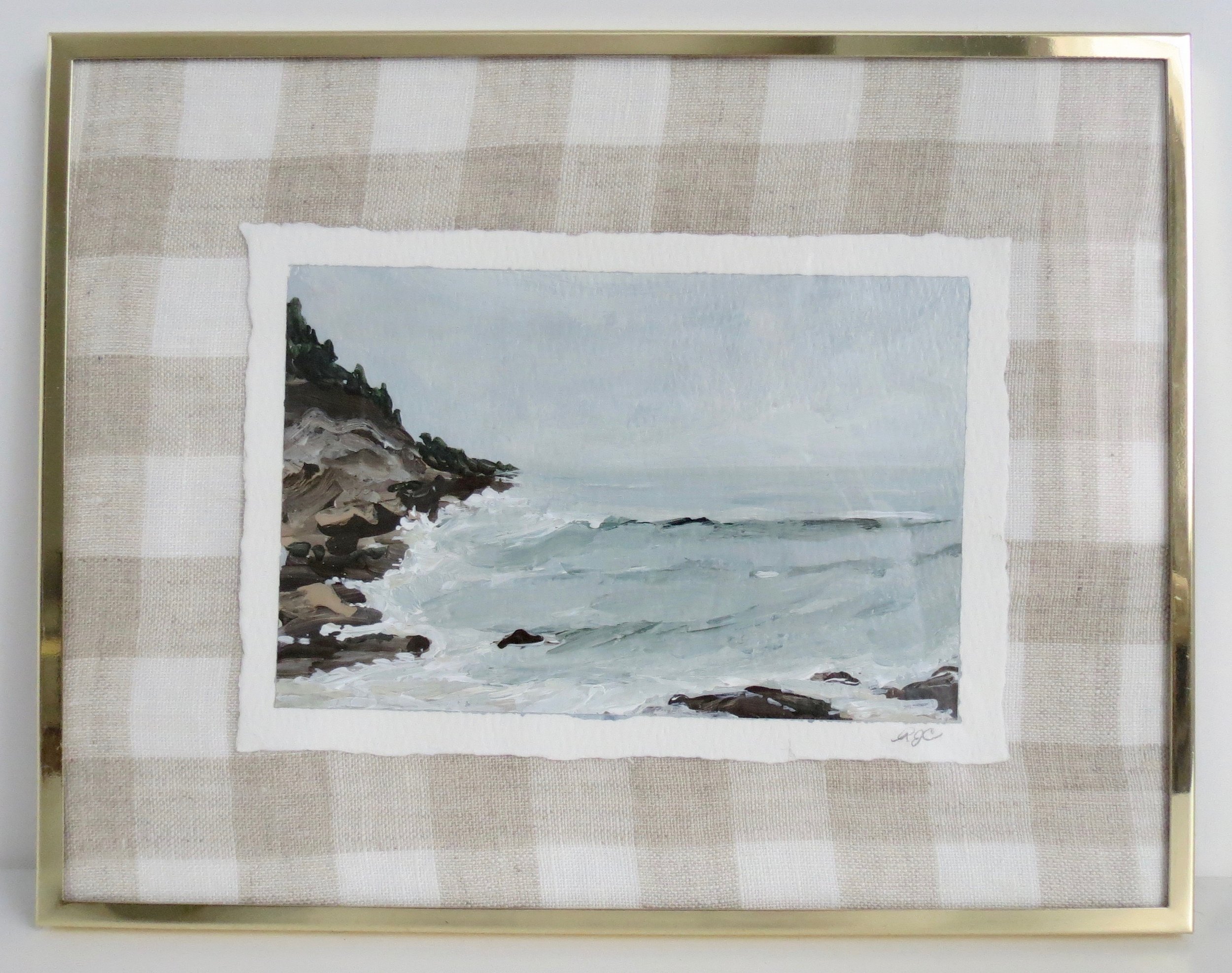 Sea & Linen Gingham Linen Fabric Gold Framed Seascape Coastal Acrylic Painting on Deckle Edge Cotton Paper