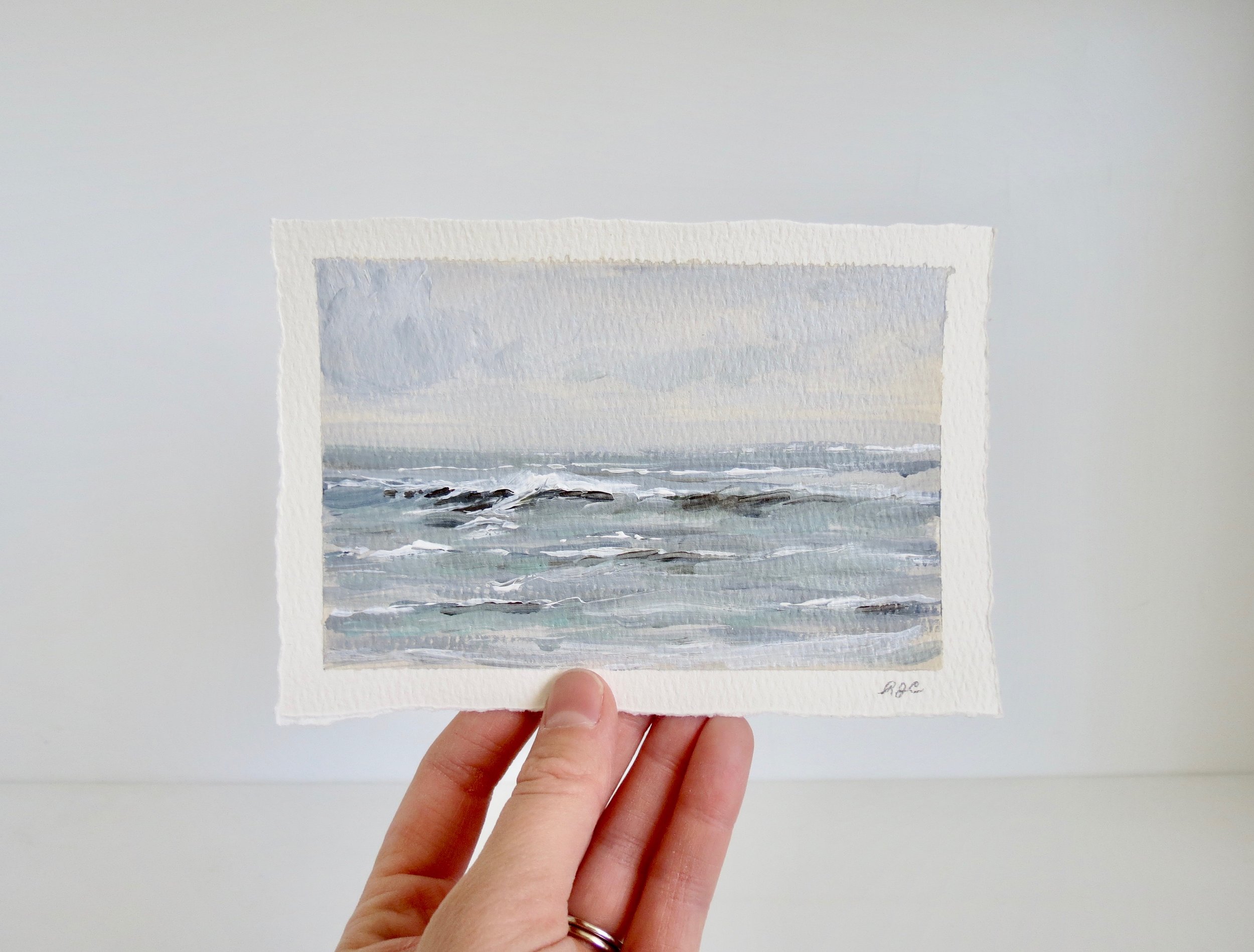 Sea & Linen Coastal Seascape Acrylic Painting on Deckle Edge Cotton Paper by Rachel Champa