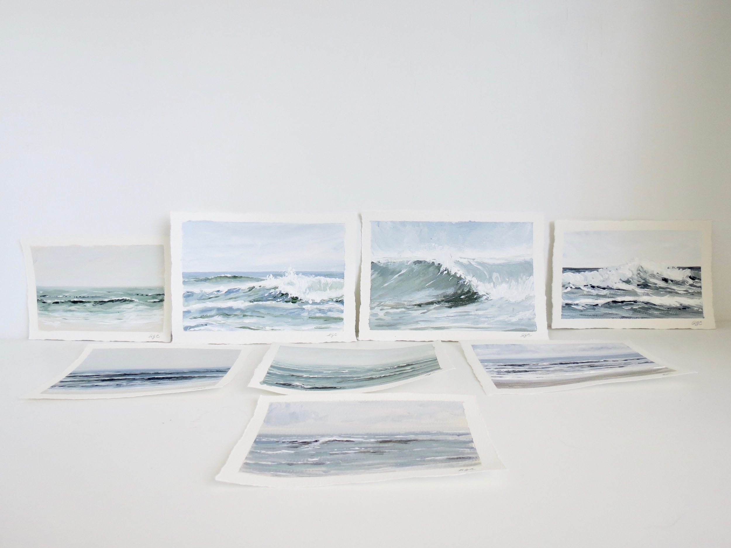 Sea & Linen Coastal Wave Seascape Acrylic Paintings on Deckle Edge Cotton Paper by Rachel Champa