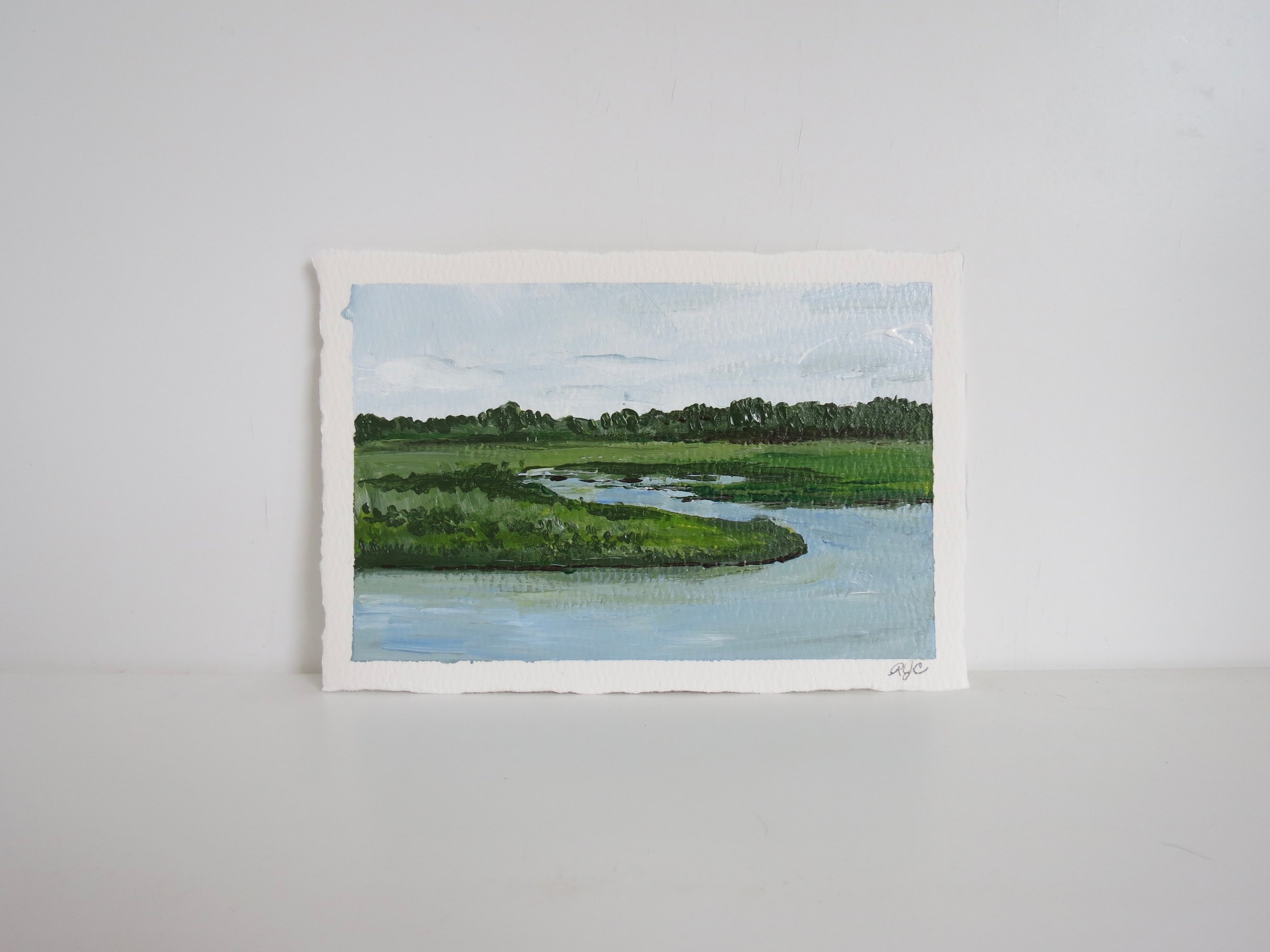 Sea & Linen Blue and Green Coastal Salt Marsh Seascape Acrylic Painting on Deckle Edge Cotton Paper