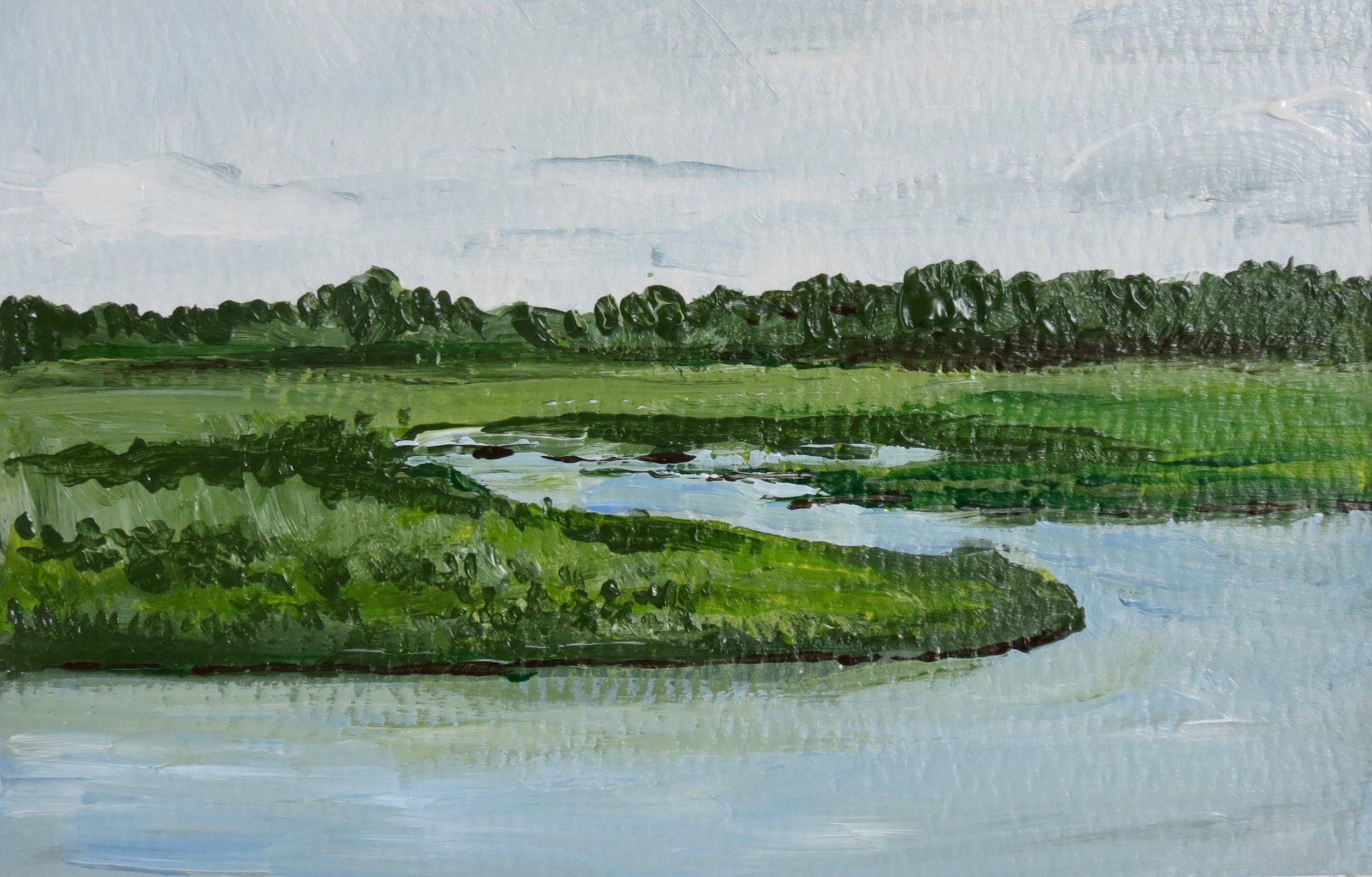 Sea & Linen Blue and Green Coastal Salt Marsh Seascape Acrylic Painting on Deckle Edge Cotton Paper