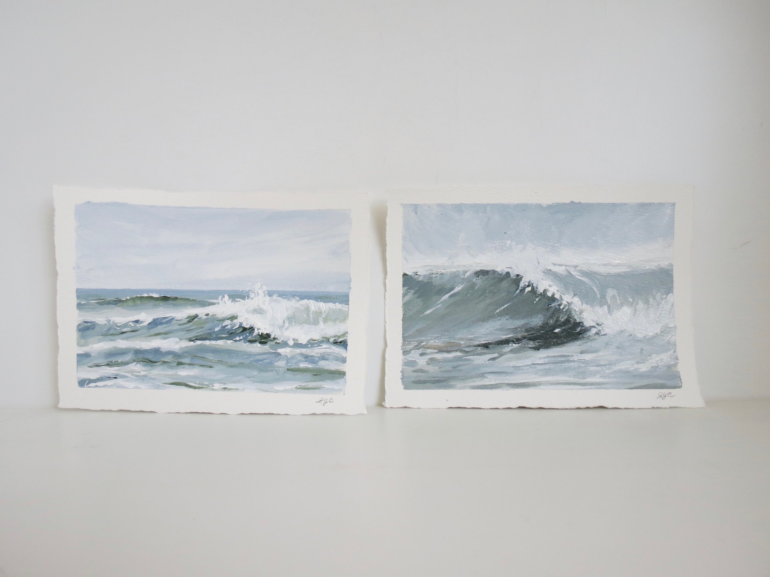 Sea & Linen Coastal Wave Seascape Acrylic Paintings on Deckle Edge Cotton Paper by Rachel Champa
