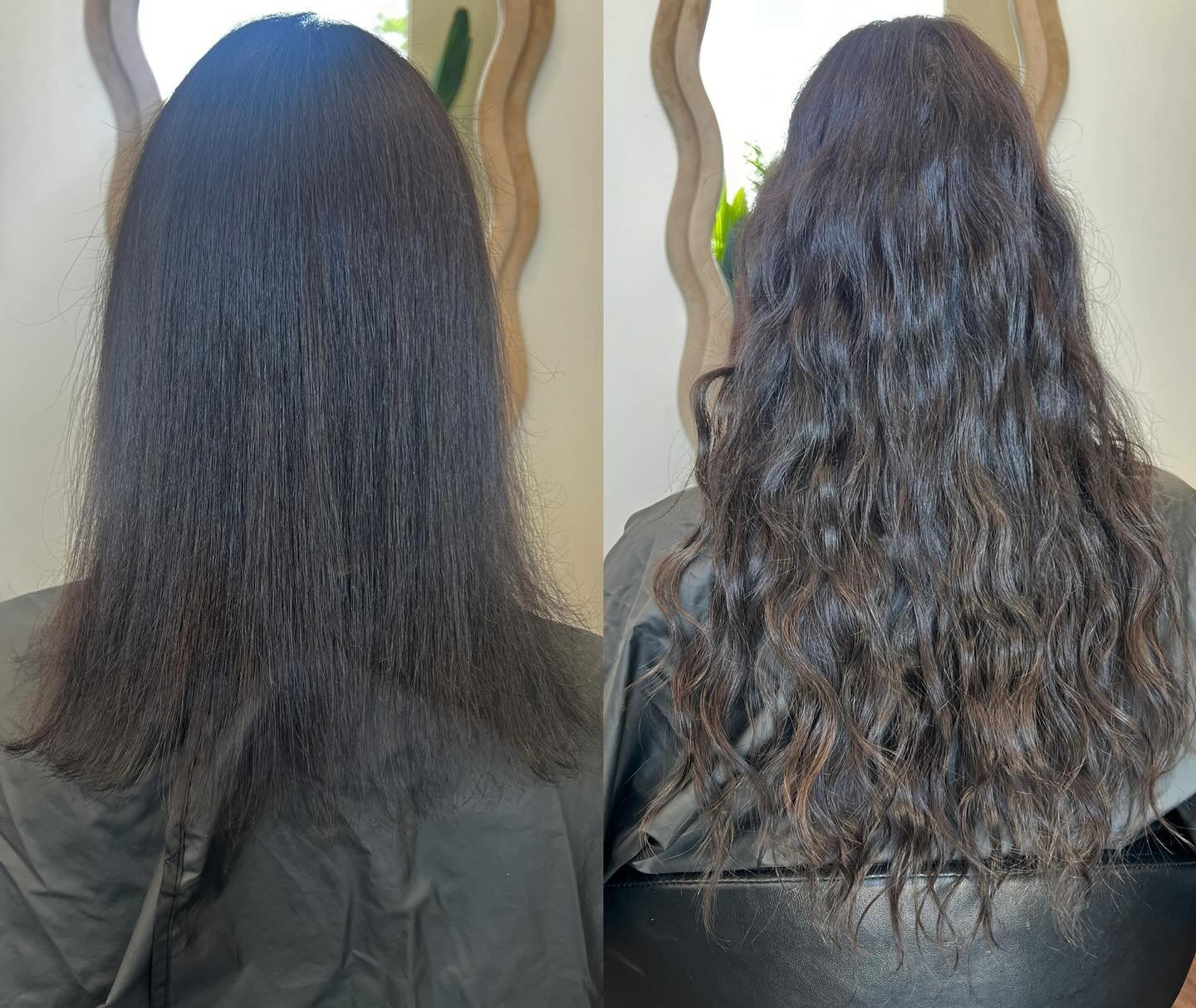 The photo on the left shows the toll that box dye and GLP-1 medications can take on your natural hair - thin, brittle, dull and struggling to hold any shape.

The photo on the right shows the magic of extensions. 16&rdquo; naturally wavy keratin exte