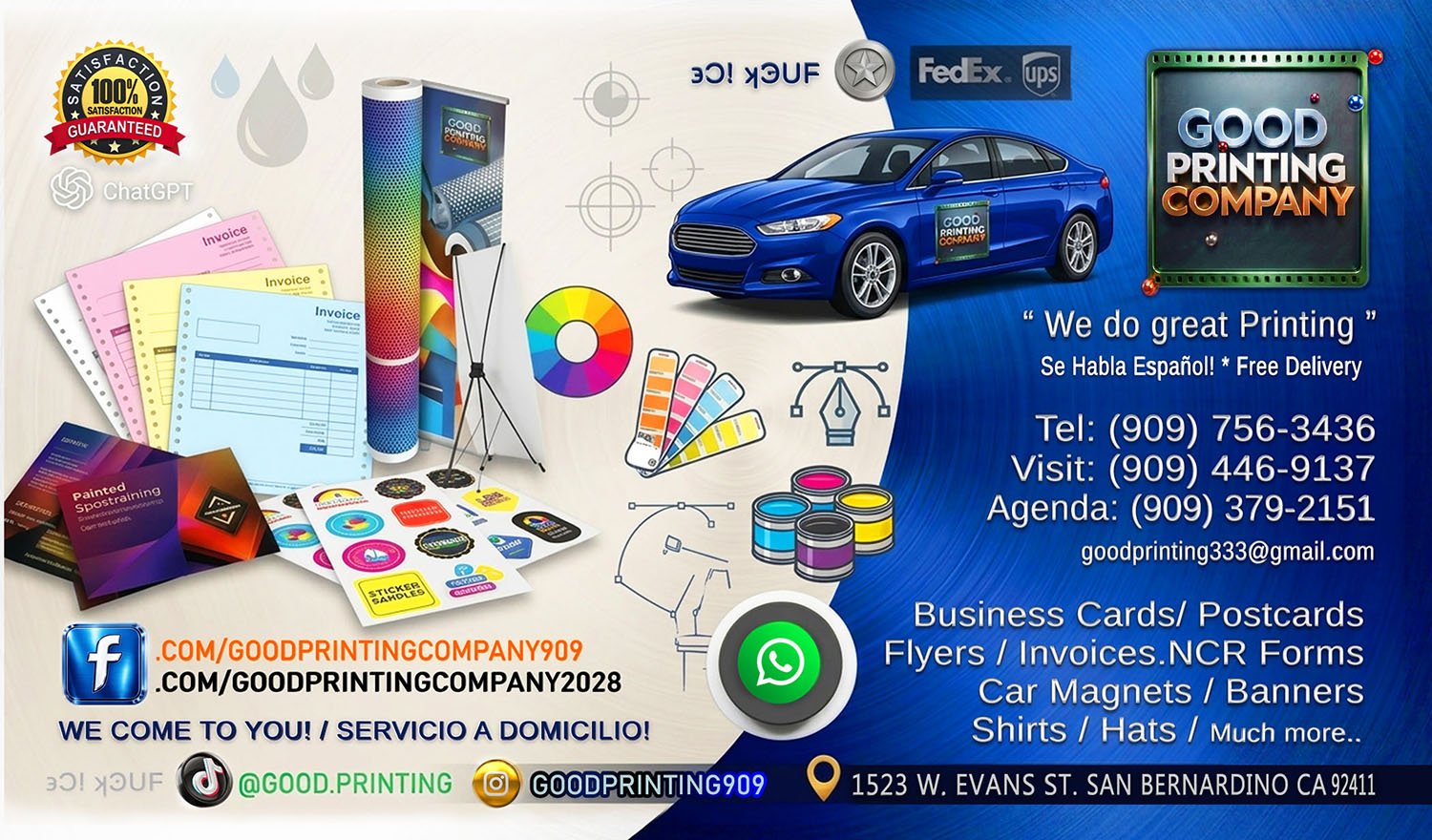 Business advertisement poster for Good Printing Company featuring printing services, business cards, flyers, invoices, car magnets, banners, shirts, hats, and other promotional items. Includes contact information, social media handles, and delivery services.