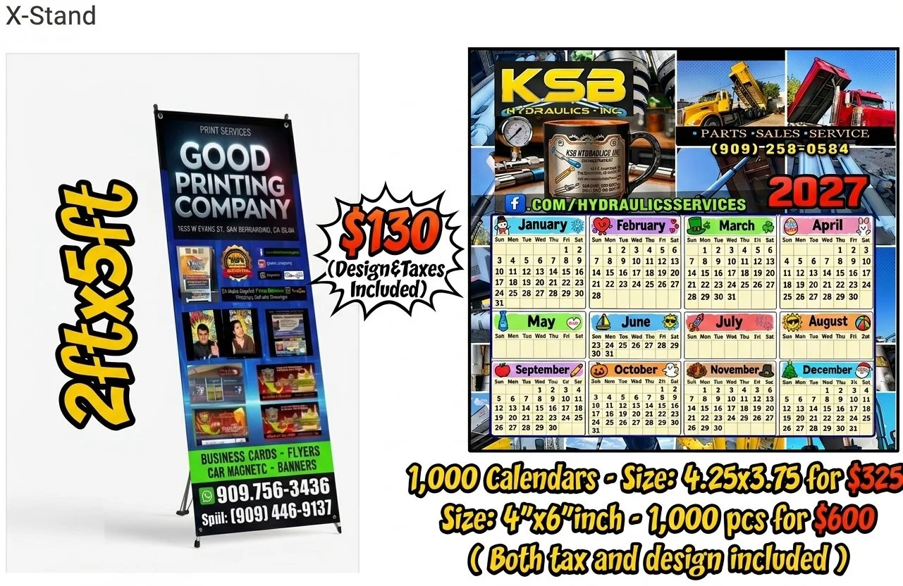 A portable advertising banner stand displaying a sign for a printing company, with contact information and services listed.