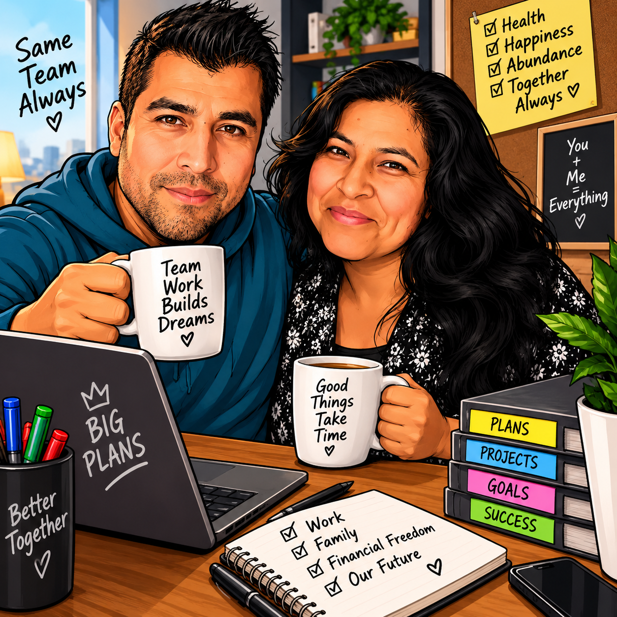 A man and woman smiling and holding mugs with positive messages, sitting at a desk with office supplies, notebooks, and plants, surrounded by inspirational quotes about teamwork, goals, and success.
