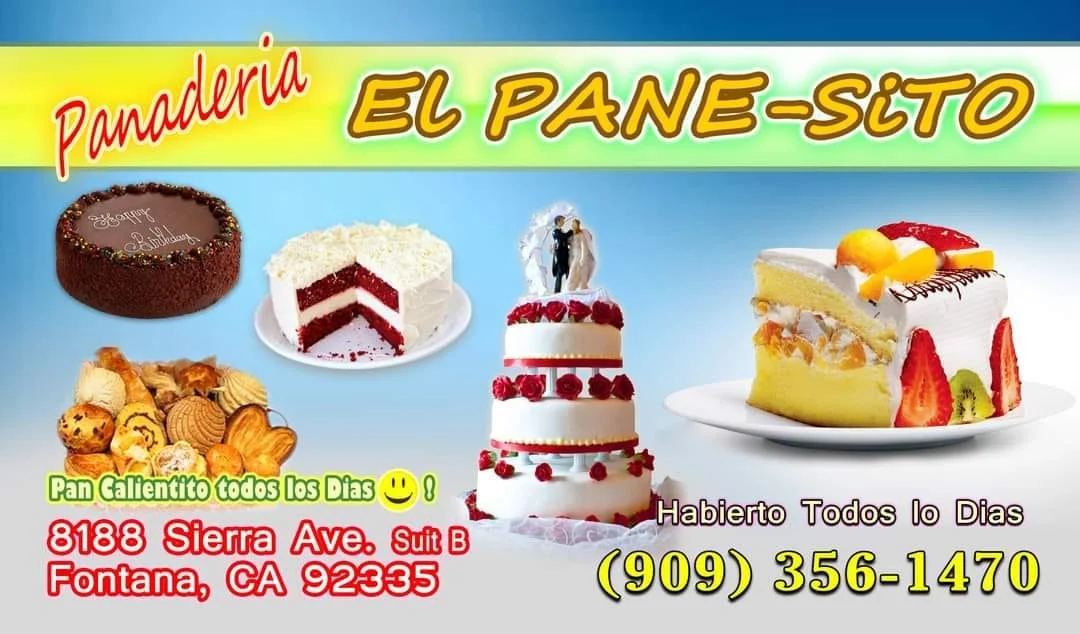 Advertising banner for bakery "El Pane-Sito" featuring various cakes and pastries, with contact information and slogan in Spanish.