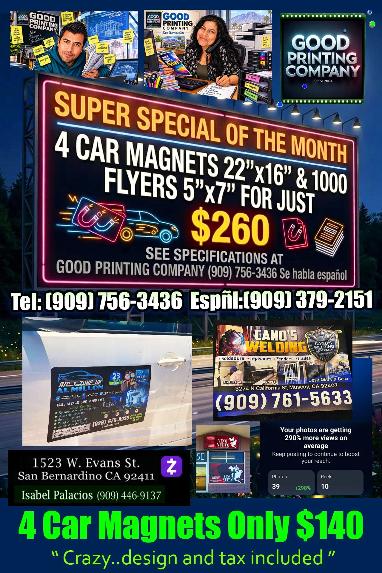 Colorful billboard advertising a special sale on four car magnets, flyers, and more for $260, with contact information in San Bernardino, California.