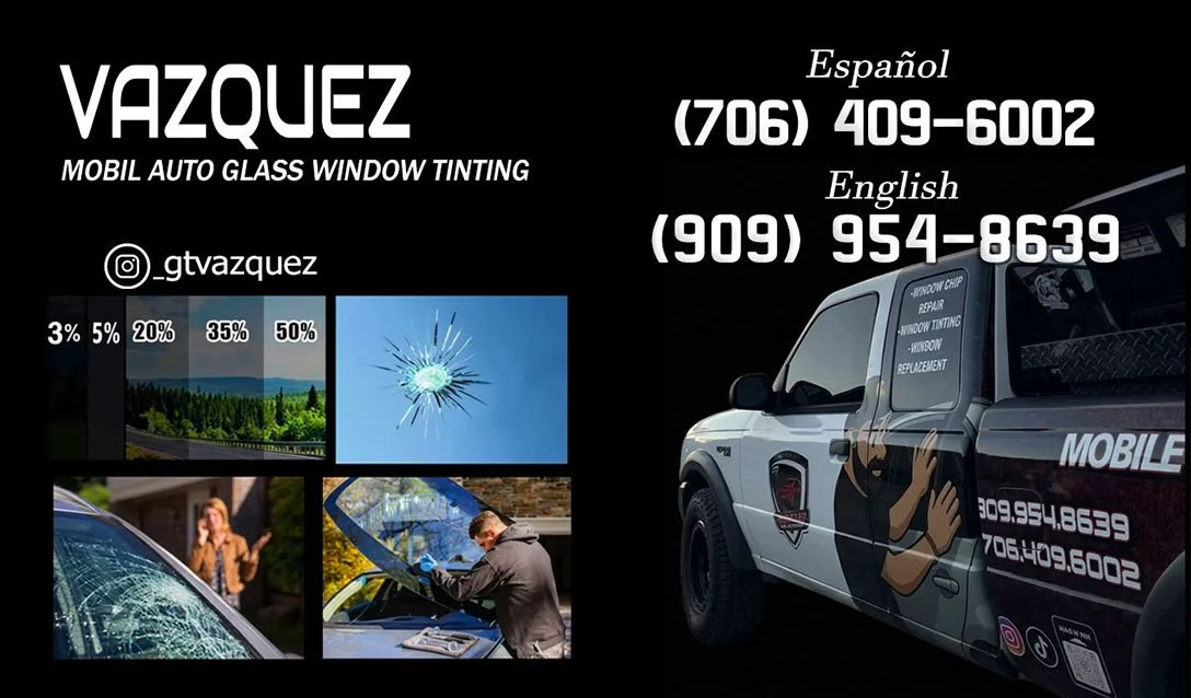 Business card for Vazquez Mobile Auto Glass Window Tinting featuring contact information in Spanish and English, along with images of a cracked windshield, a shattered glass, and a worker repairing a car window.