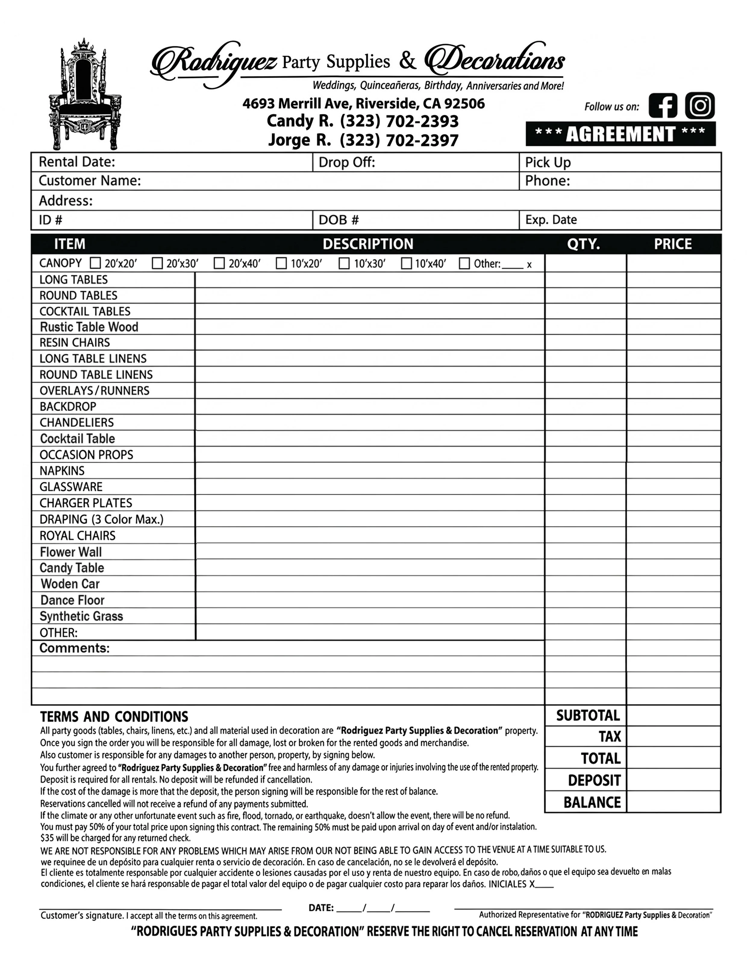 Party equipment rental form from Rodriguez Party Supplies & Decorations, including item list, terms, and conditions.
