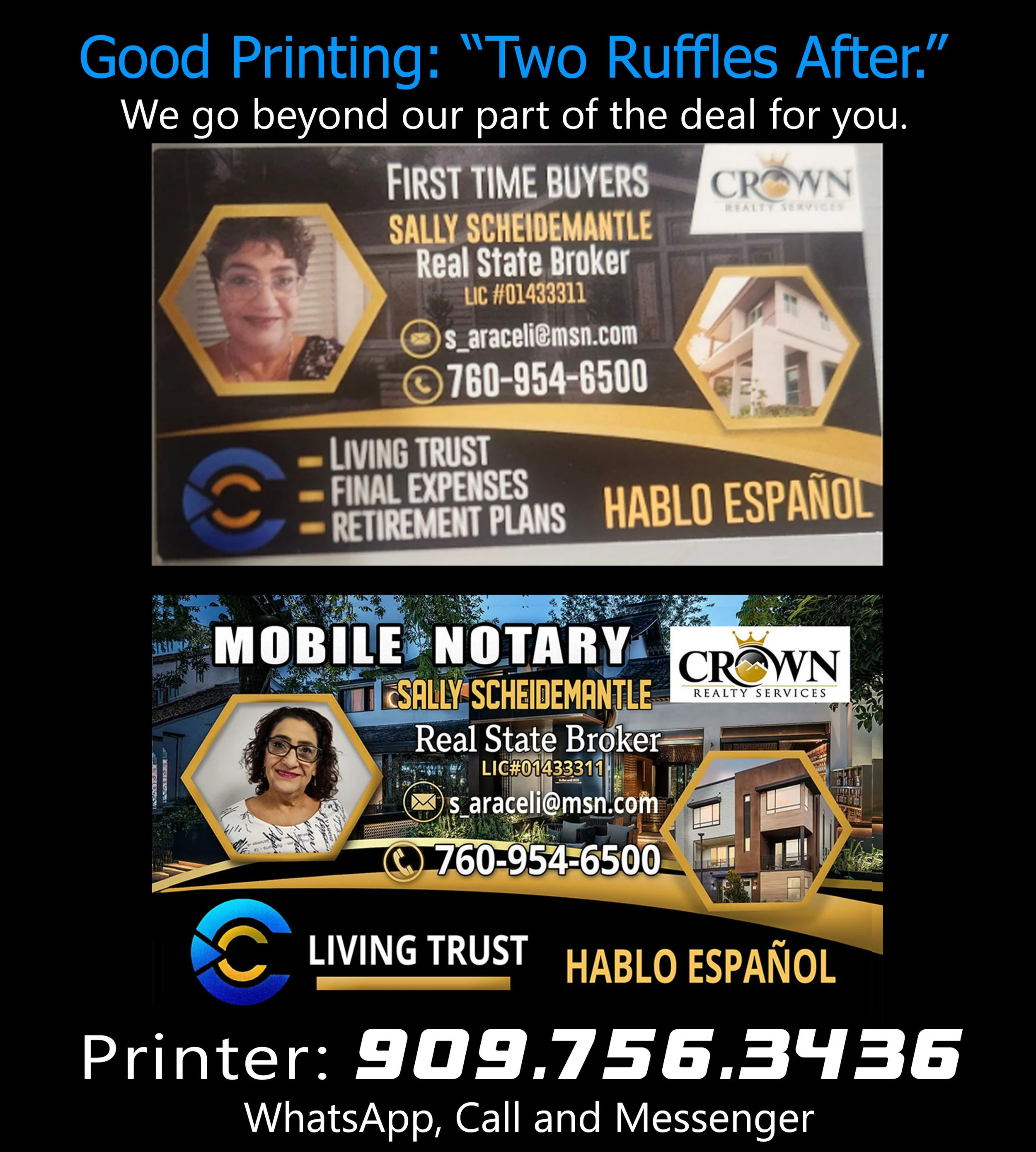 Business card for real estate agent Sally Scheidemantle with Crown Realty Services, featuring her photo, contact information, and images of houses.
