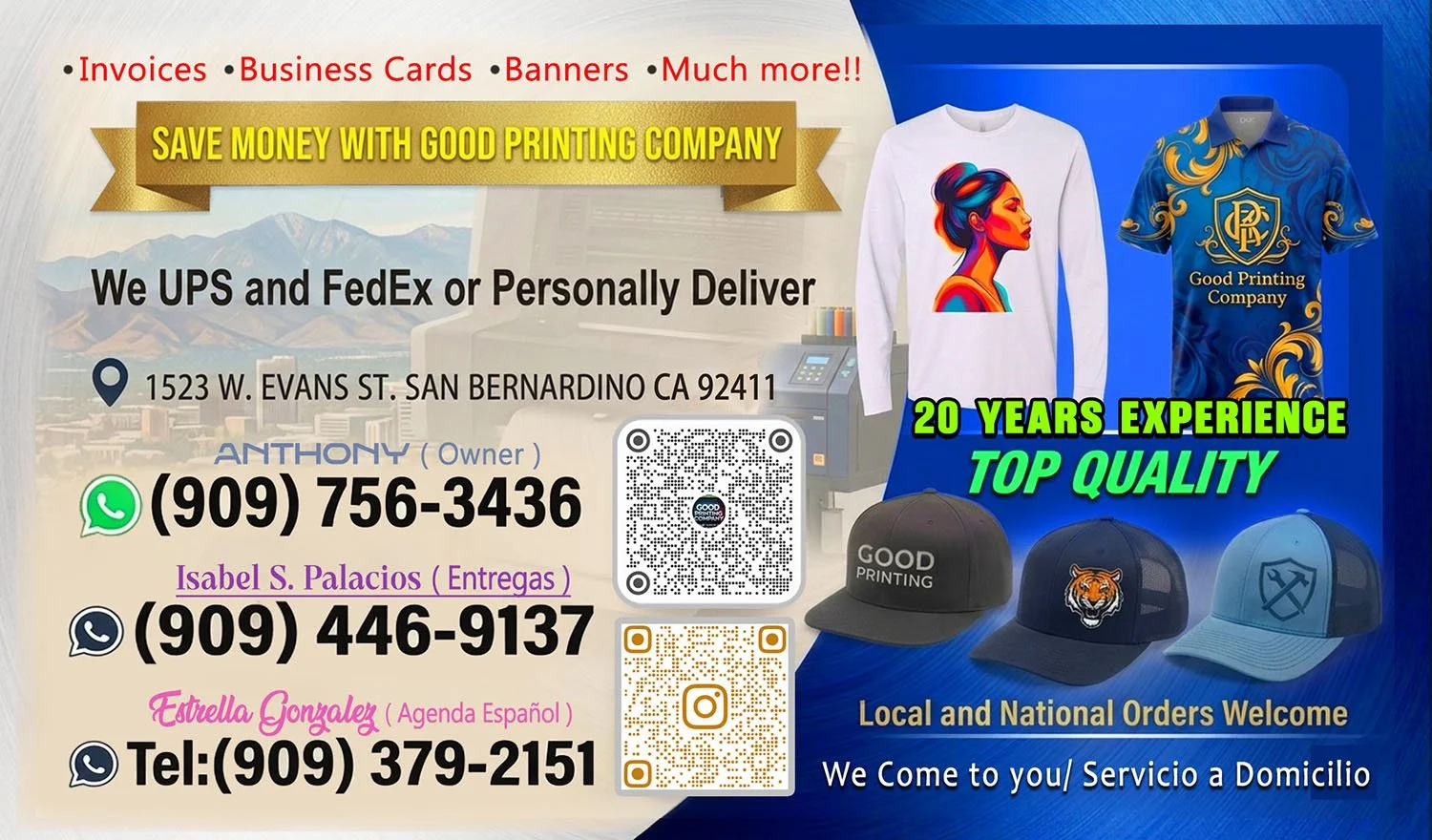 Advertisement for a printing company featuring text about various printing services, contact information, and images of a white sweatshirt and a blue polo shirt with a logo. The ad highlights 20 years of experience, top quality, and offers local and national orders with home service. There are also images of three hats with different logos and QR codes for contact.