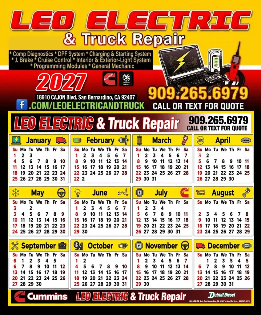 Calendar for 2027 with contact information for Leo Electric and Truck Repair, located at 18910 Cajon Blvd., San Bernardino, CA. Includes services offered, phone number 909-265-6979, and a Facebook link. The calendar features months from January to December with days marked in red and black.