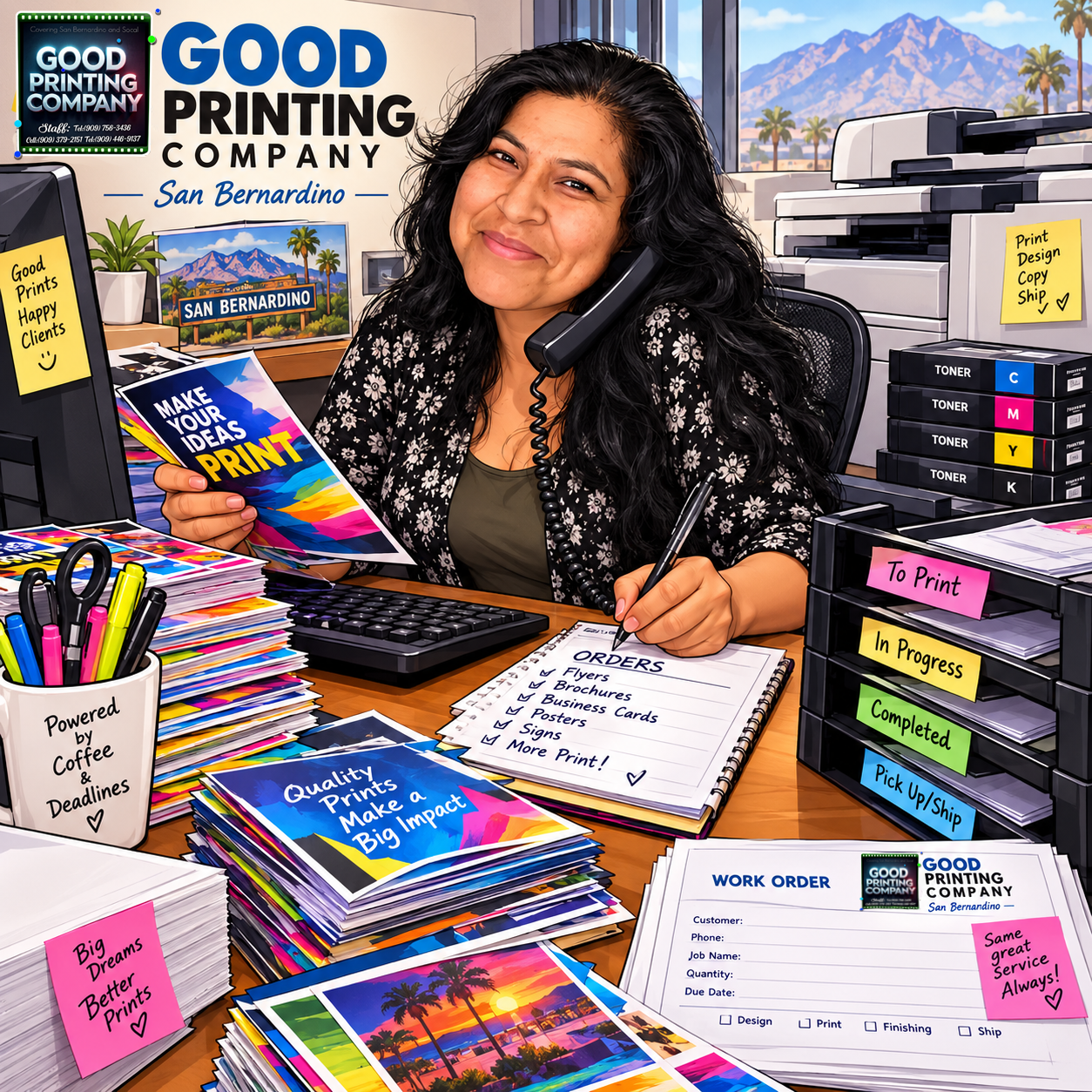 A woman with black curly hair sitting at a desk in an office, holding colorful printed materials, talking on the phone, with a background of mountains and palm trees visible through large windows. The desk is cluttered with printing supplies, colorful brochures, and note cards with motivational messages.