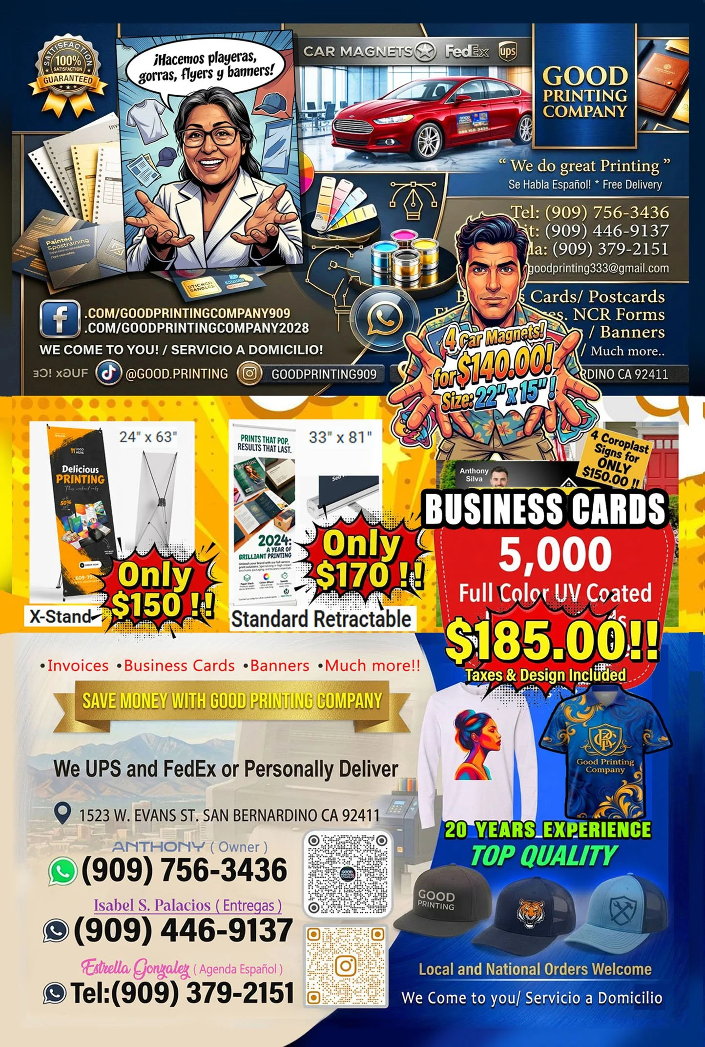 A colorful advertisement for a printing company featuring various business printing products, contact information, and promotional offers. It includes cartoon-style illustrations of people, business cards, caps, and a red car in the background, with text highlighting printing services, sizes, prices, and a Facebook link.
