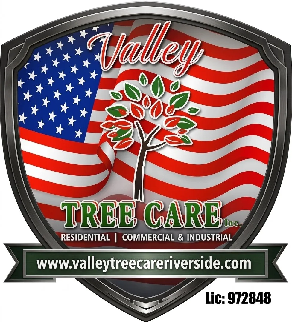 A shield-shaped logo for Valley Tree Care Inc. features an American flag background, a tree with green and red leaves, and text indicating services for residential, commercial, and industrial tree care along with a website URL and license number.