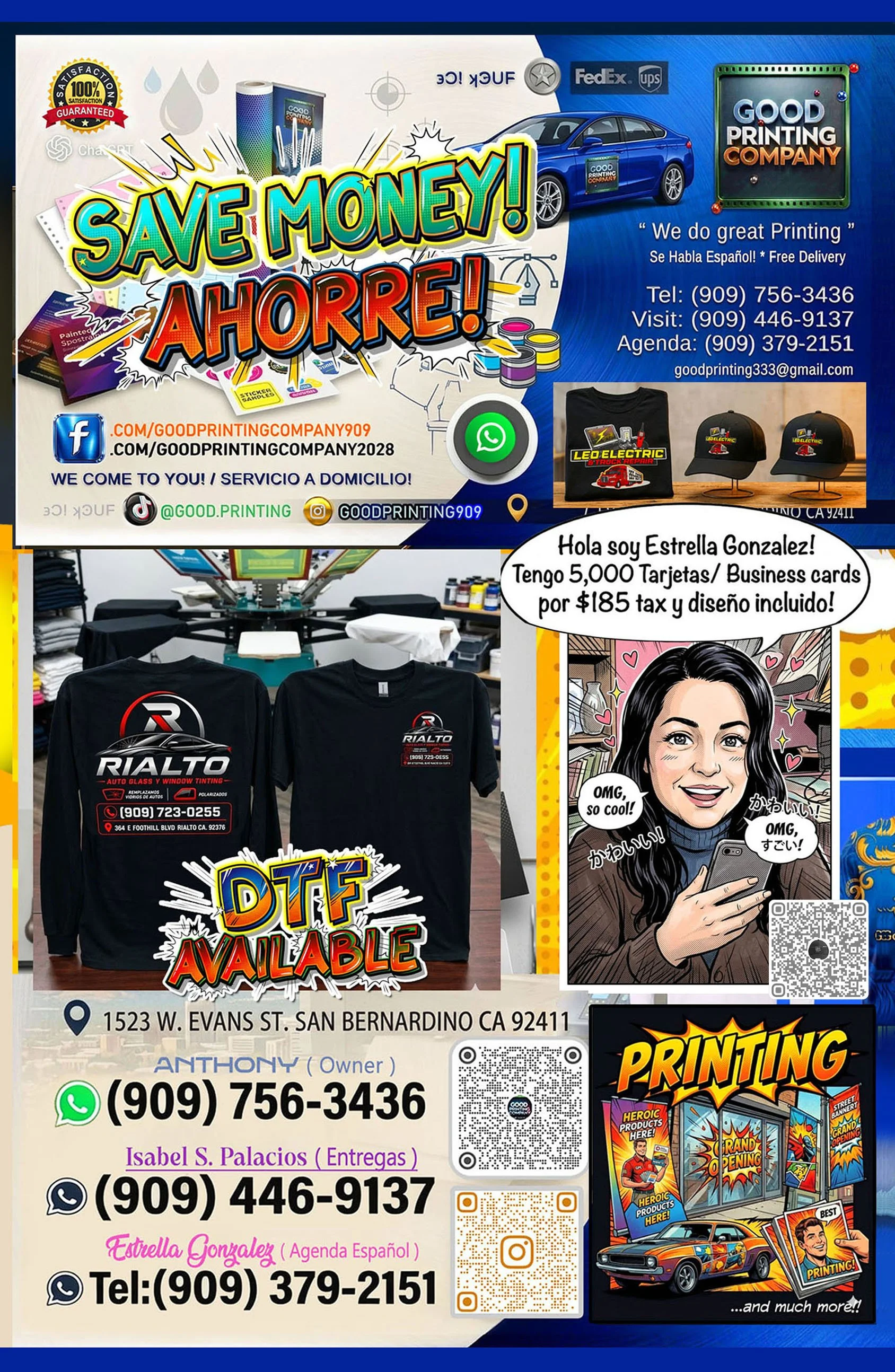 A colorful advertisement flyer for a printing company. The flyer features various graphics, including a blue car, T-shirts with printing designs, hats, comic book-style illustrations, a vintage car, and contact information. Prominent text includes 'Save Money! Ahorre!', 'DTF Available', and references to services like business card printing, T-shirt printing, and comic book printing. The flyer also displays social media icons, QR codes, and contact details for the business located in San Bernardino, California.