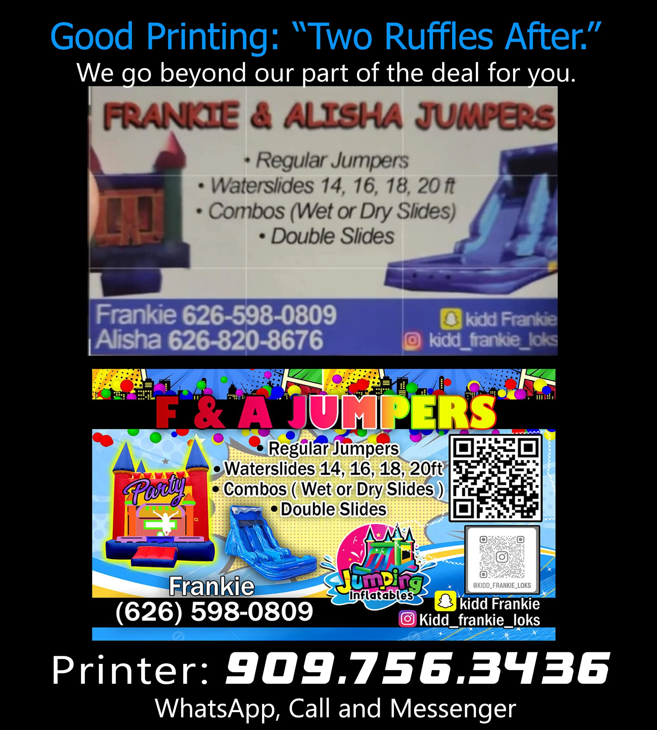Colorful advertisement for inflatable jumpers and bounce houses from Kidd Frankie. Features images of a blue slide, a red and yellow castle, and a colorful party setup. Text includes contact information, social media handles, and details about water slides and combo options.