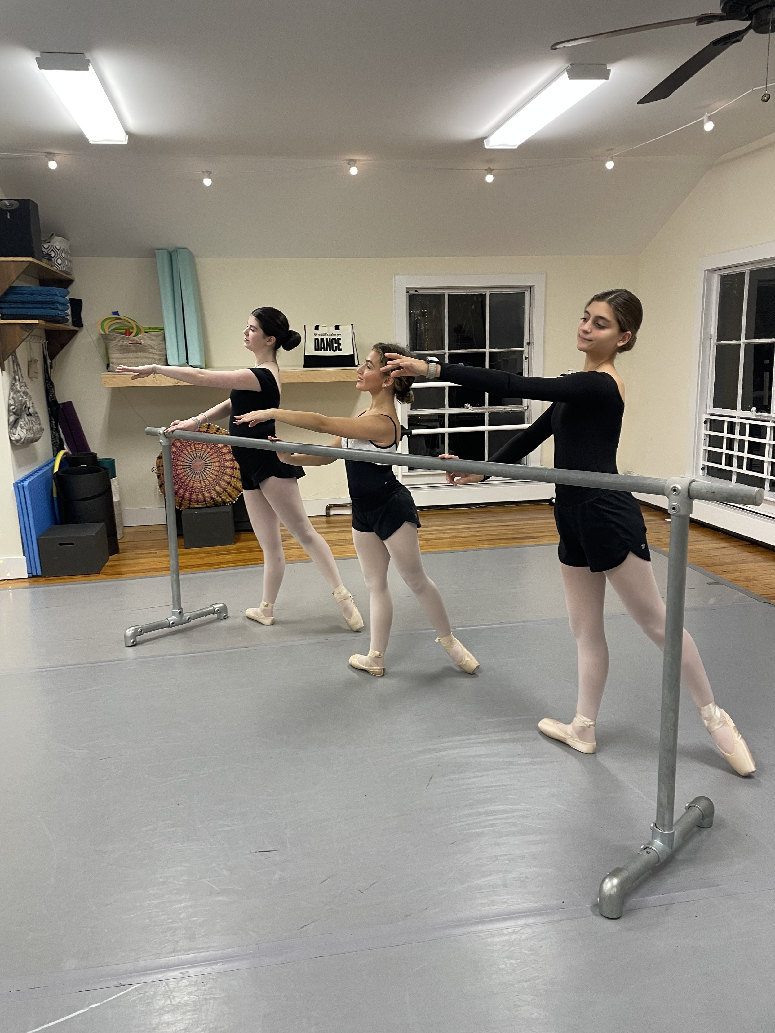 Three ballet dancers in black leotards and pink tights practicing at a ballet barre in a dance studio. They are standing on pointe with arms extended and eyes closed.