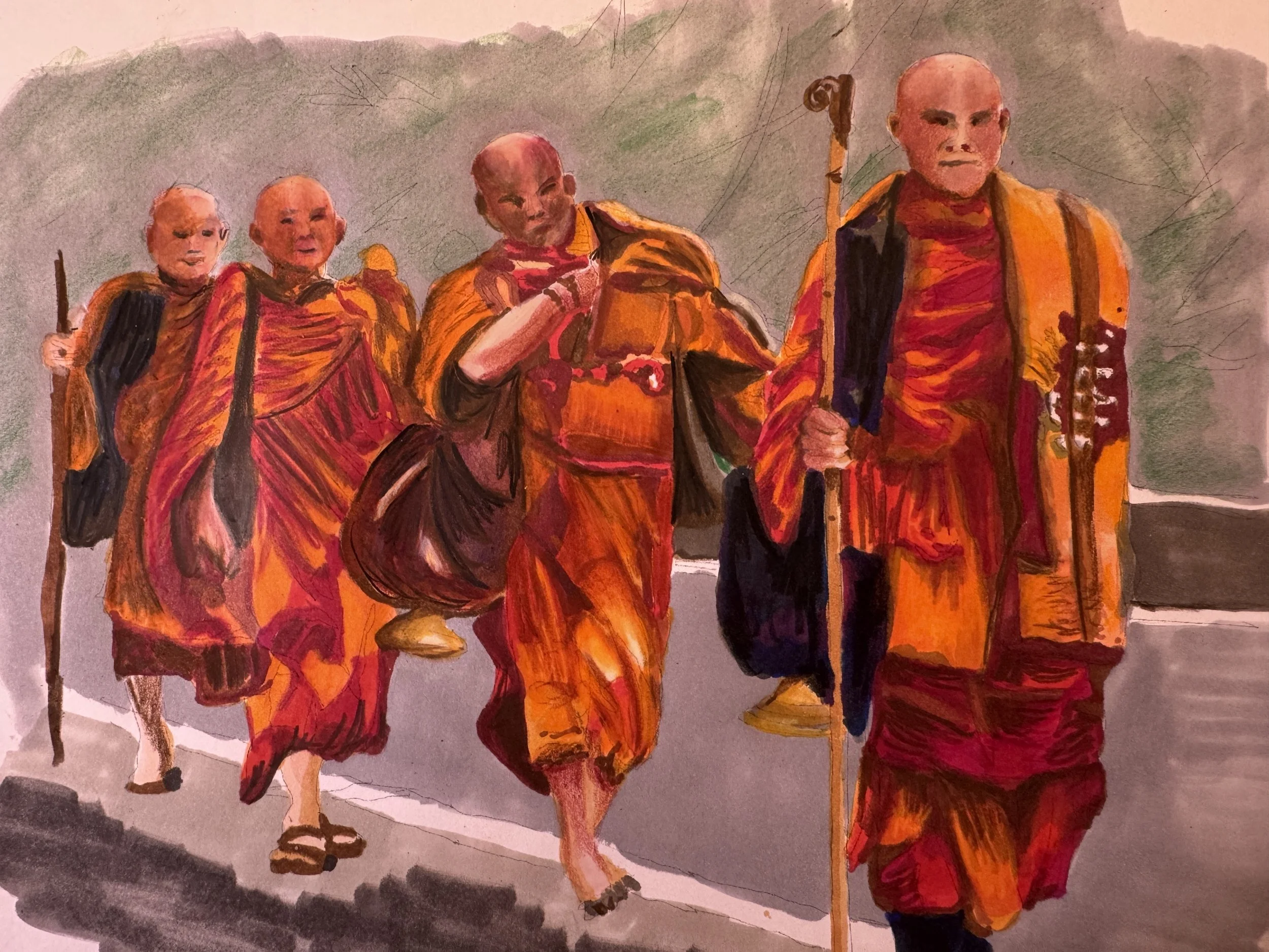 Buddhist monks walk for peace, 2025-2026, alcohol marker and pencil on paper, sketchbook series