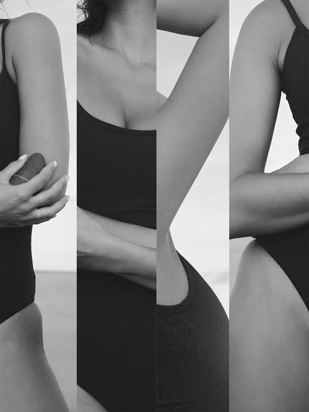 Close-up of a woman in a black swimsuit with a segmented black-and-white filter effect emphasizing her arm, shoulder, and torso.
