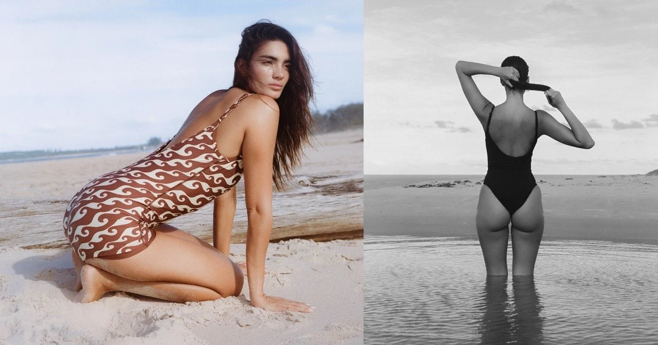 A split image with a woman in a patterned swimsuit kneeling on the sand at the beach on the left, and a woman in a black swimsuit standing in shallow water with her back to the camera on the right.
